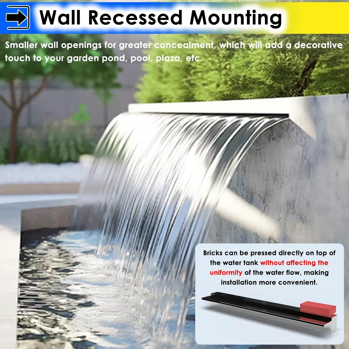 Fontana per piscina in acciaio inox, uscita a parete da 102-182 cm, con connettore per tubi, per giardino, stagno dei pesci, patio e terrazza, finitura nera durevole