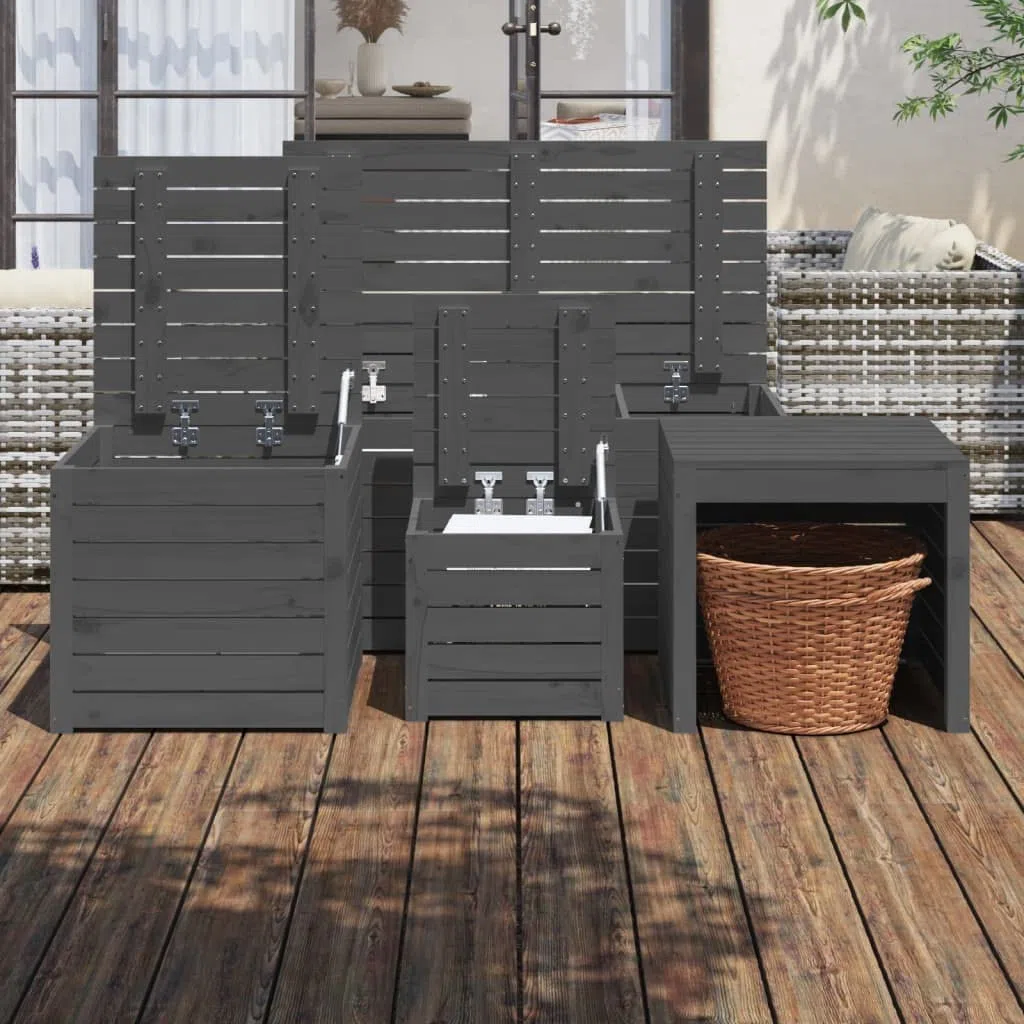 Set di 4 scatole da giardino in legno di pino massiccio grigio, contenitore esterno con coperchio per giocattoli e attrezzi, grande capacità di stoccaggio per cuscini