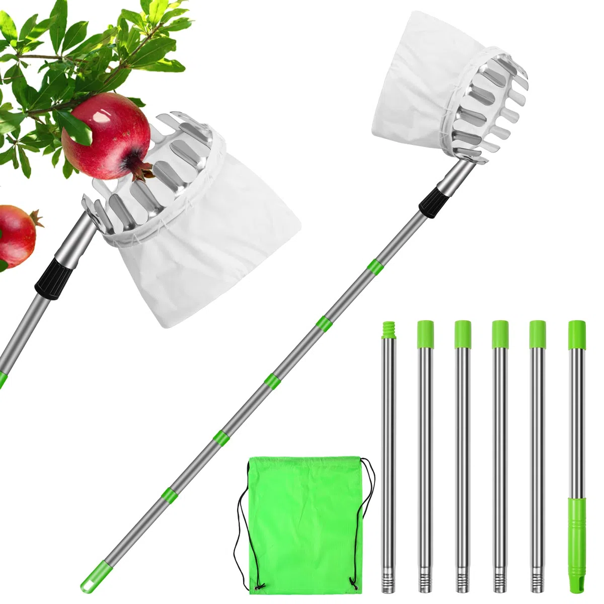 Raccogli frutta, 2,6 m, raccogli mele, aiuto per la raccolta di frutta, diametro 16 cm, manico telescopico in acciaio inox, lunghezza regolabile, facile da montare, adatto per raccogliere