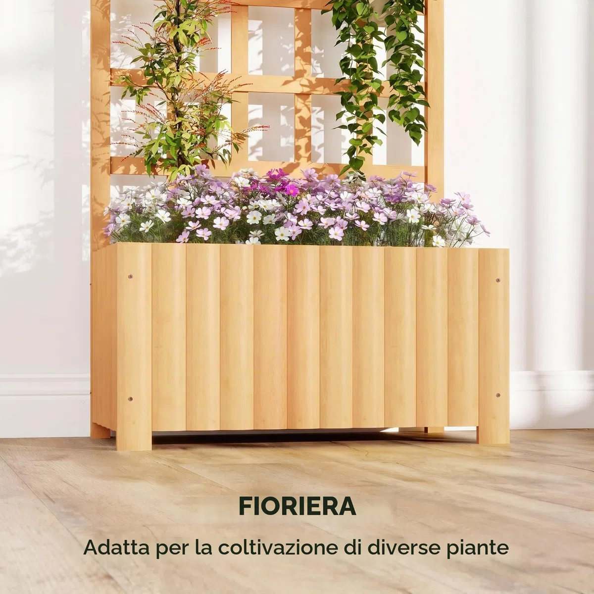 Outsunny Fioriera con griglia in legno, grande fioriera da esterno per piante rampicanti, con fori di drenaggio, vaso rialzato per giardino, patio, terrazza, 60x30x120 cm, naturale