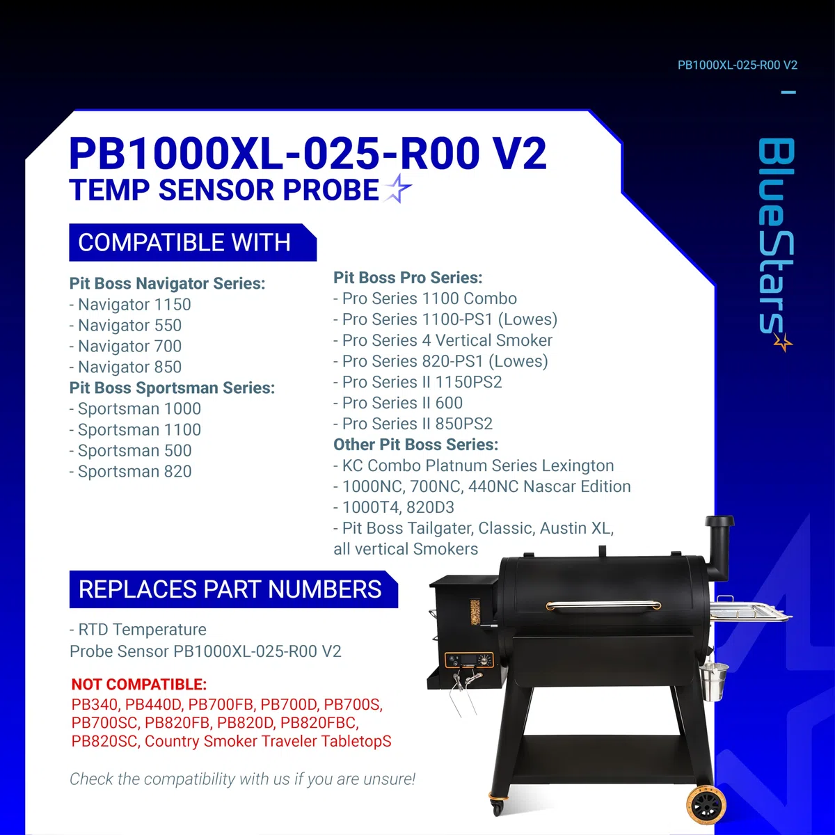 Sensore di temperatura BlueStars RTD, compatibile con griglie a pellet Pit Boss e affumicatore, sostituzione sonda temporanea, sensore sonda per carne PB1000XL-025-R00 V2 (70123-AMP)