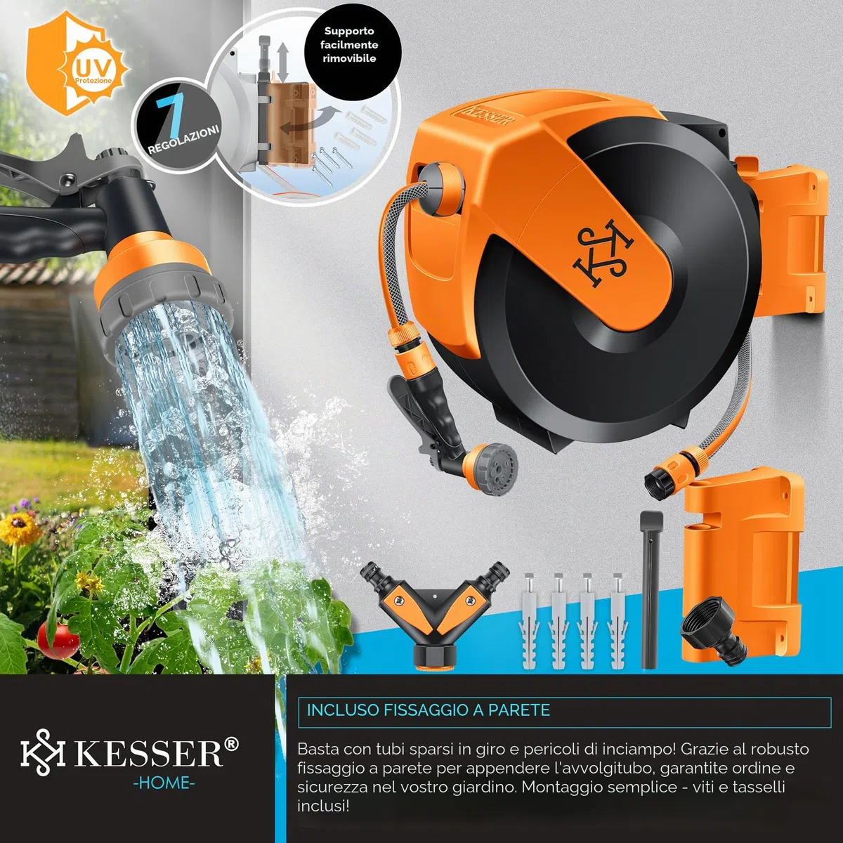 KESSER® Avvolgitubo con Tubo da Giardino 15 m, a Parete, Avvolgitubo girevole a 180° e a rientro automatico, Portagomma a Parete con Doccia a mano a 7 funzioni, Nero/Arancione