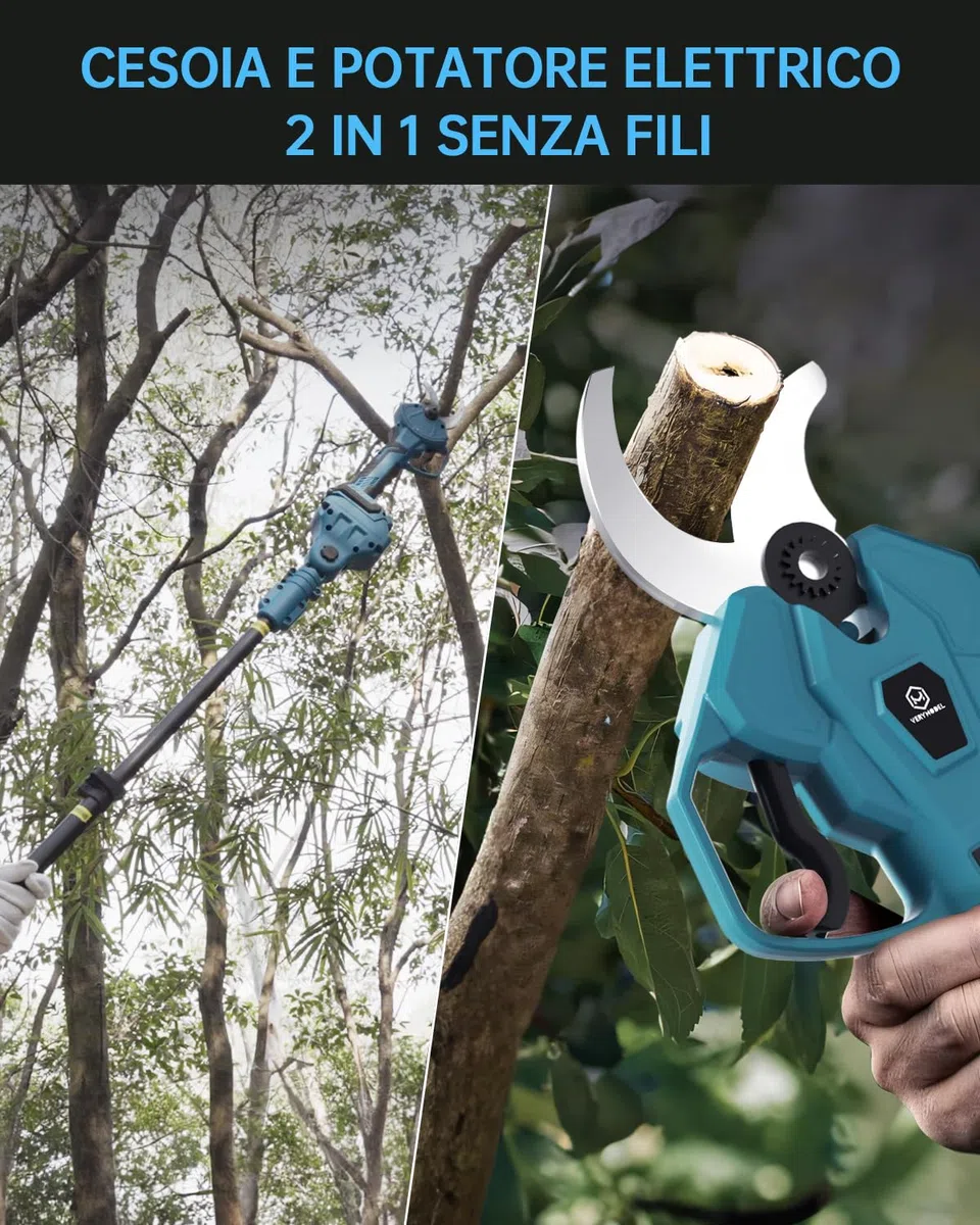 Forbici Potatura Batteria con Asta Telescopica, 10-40mm Kit Forbici Potatura Con 21V 2x4000mAh, Motore Brushless, Display Digitale, Cesoie Elettriche per Giardinaggio, Alberi
