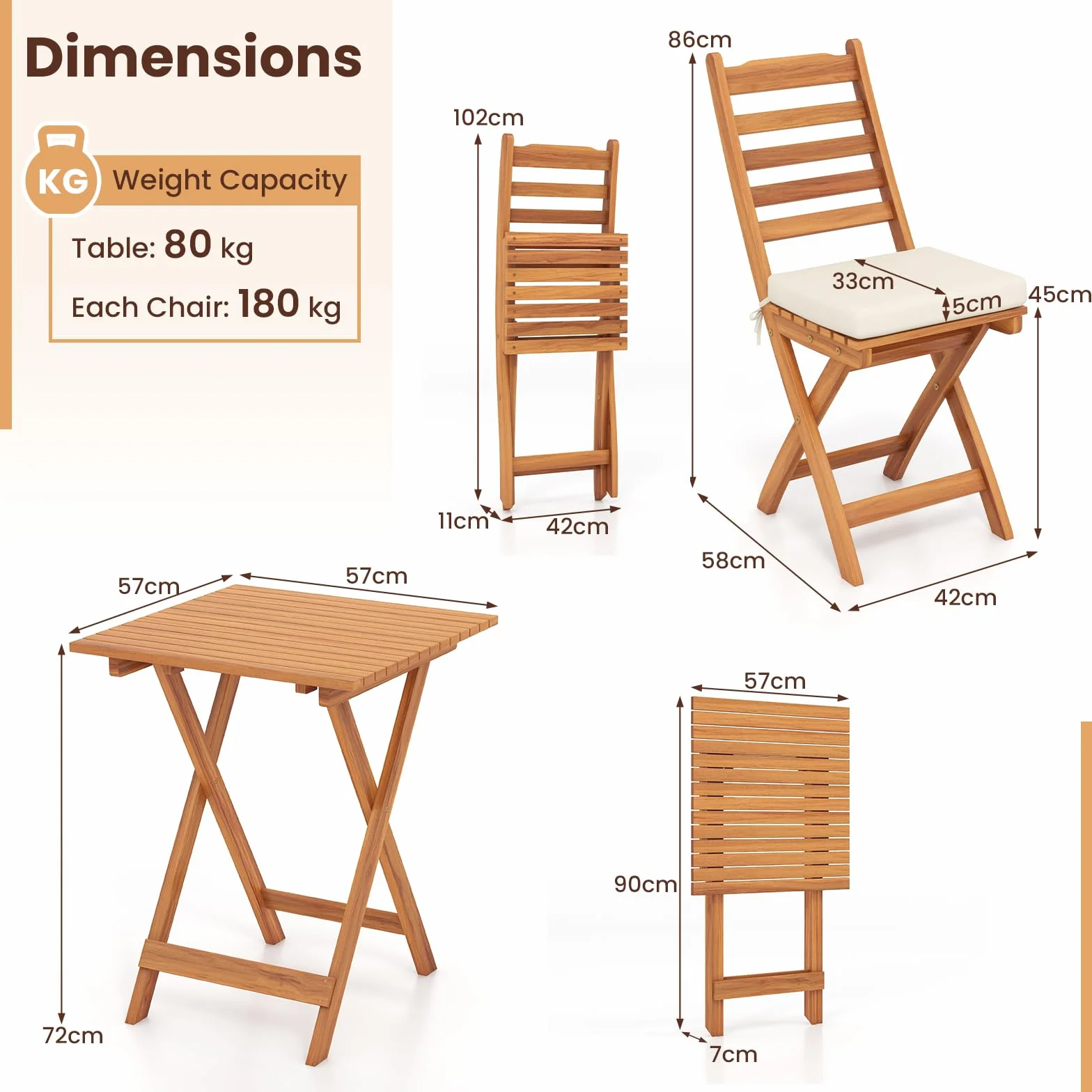 GIANTEX Mobili da balcone piccolo balcone, tavolo da bistrot con 2 sedie, set di mobili da giardino in legno pieghevole, set da balcone per esterni, per 2 persone, set da giardino con cuscino