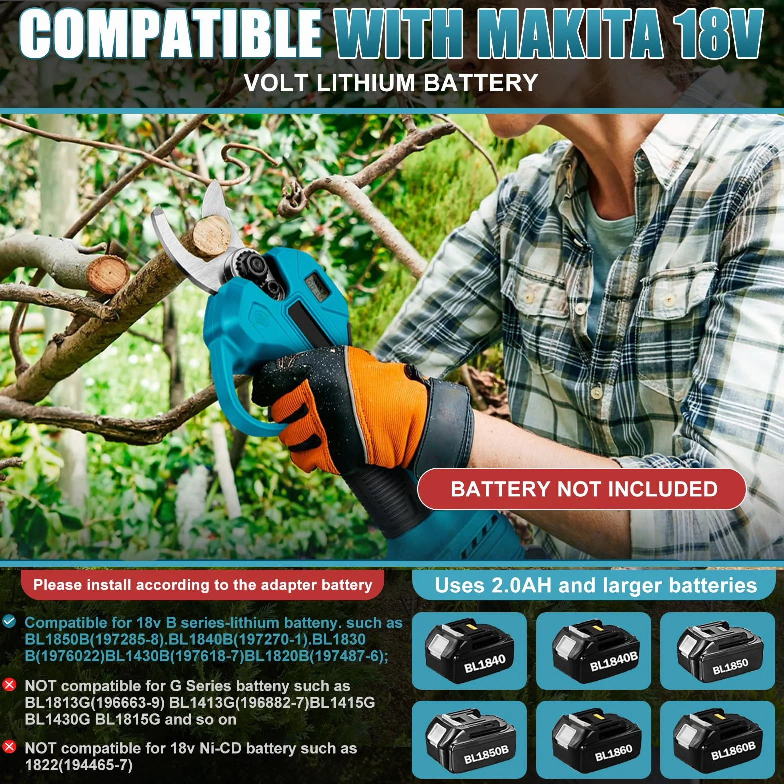 Forbici Potatura a batteria Elettriche compatibile con Makita 18 V (Nessuna batteria), 45 mm Diametro di apertura, Trincia Rami Cesoie Progressivo Elettriche portatile Motore brushless per alberi | 45 mm Secatore a batteria professionale per giardino con