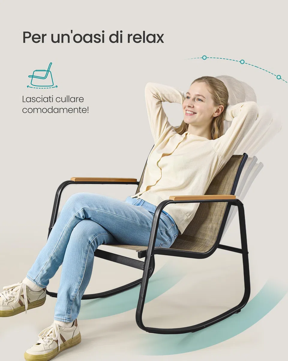 SONGMICS Set Mobili da Giardino, Set da Balcone, 2 Sedie a Dondolo con Tavolino, Panchina da Giardino, Acciaio, Tessuto Sintetica Traspirante, per Terrazza e Giardino, Marrone Chiaro GGF0028KZ01