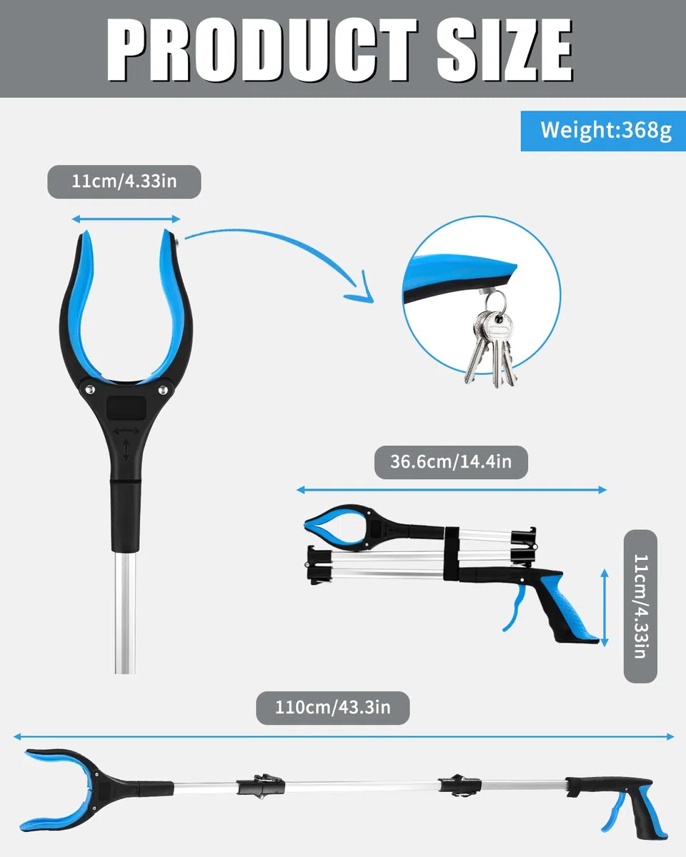 Pinza telescopica Pieghevole per anziani in alluminio, 110 cm, pieghevole con punte magnetiche, per la raccolta dei rifiuti (Blu)