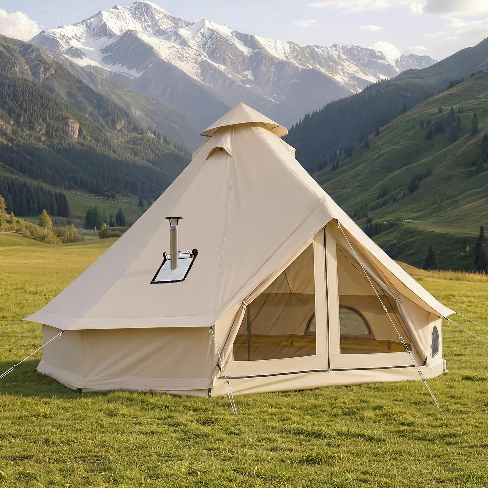 VEVOR Tenda a Campana Oxford da Campeggio, Tenda a Yurta per 4 Stagioni da 4 m, con Presa per Stufa, Impermeabile e Traspirante, Max 4 Persone, con Pavimento Staccabile e Cerniera, per Feste Eventi