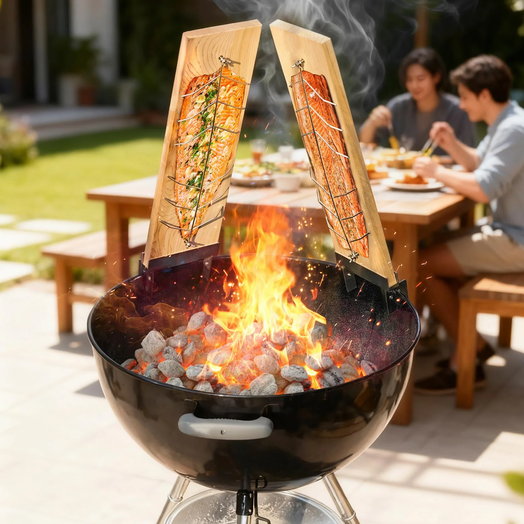 onlyfire Set di 2 Tavoletta per Salmone alla Fiamma, con 2 Set di Robuste Staffe Regolabili in Acciaio Inossidabile,Tavola di Incenso di Cedro Rosso Naturale,per Grill, Braciere