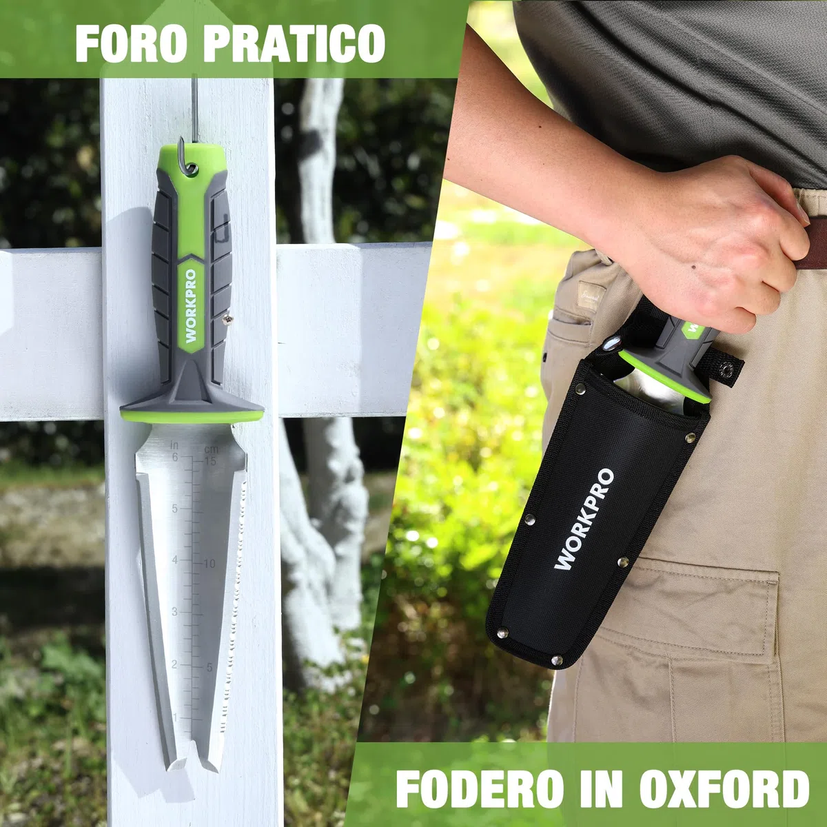 WORKPRO Paletta da Giardino con Custodia in Oxford, Lama in Acciaio Inossidabile Seghettata, Coltello da Giardino per Estirpazione, Piantagione e Scavatura