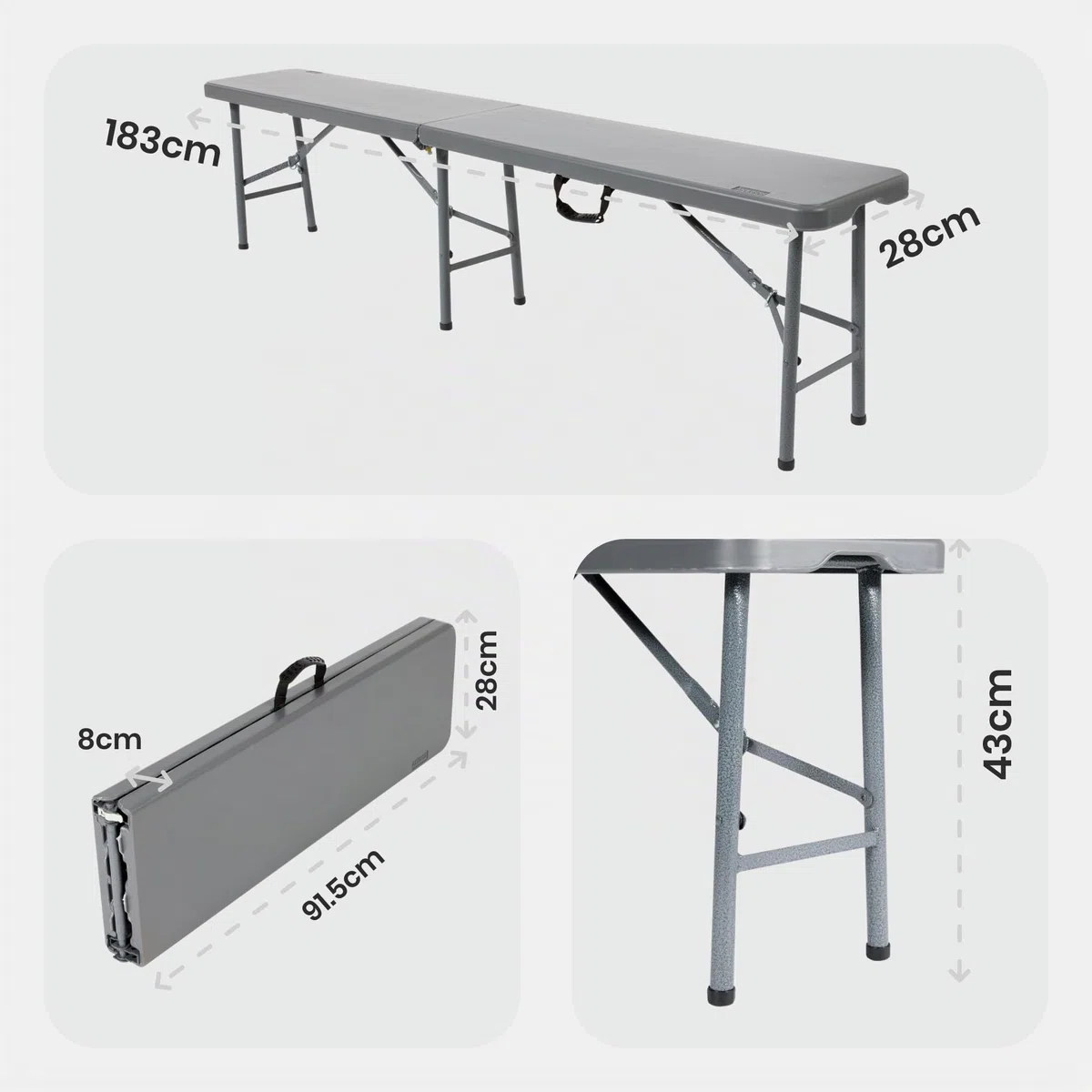 AREBOS Set 2 panchine pieghevoli da birra con maniglia per trasporto 183 x 28 x 43 cm | Ideali per campeggio, giardino e feste | Antracite