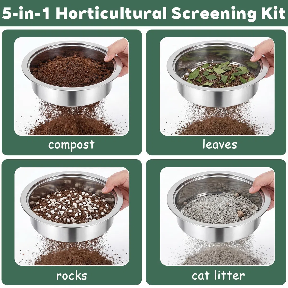 5 in 1 Setaccio da Giardino in Acciaio Inox Ø maglie 1, 3, 6, 9, 12 mm Setaccio per Sabbia + 1 Vanga a Mano Per Terra, Pietre, Compost, Erbacce e Sabbia