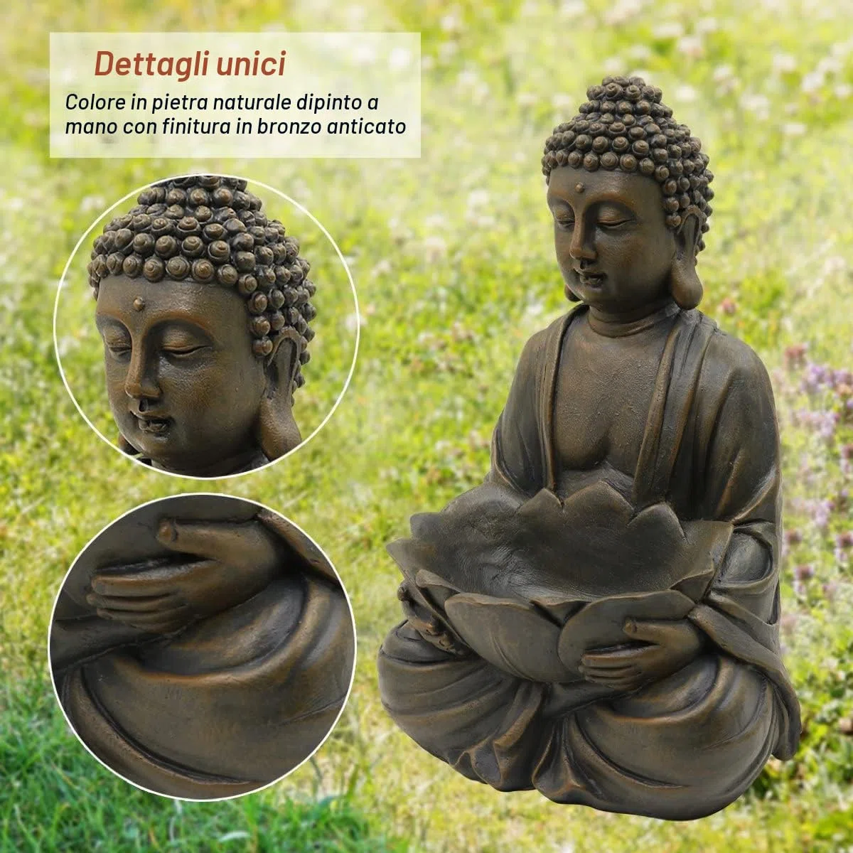 Yeomoo Statuetta di Buddha da meditazione, decorazione da giardino per esterni, Zen Buddha, decorazione da giardino, soggiorno, balcone, grande figura con ciottoli di loto e pietra di vetro, regalo