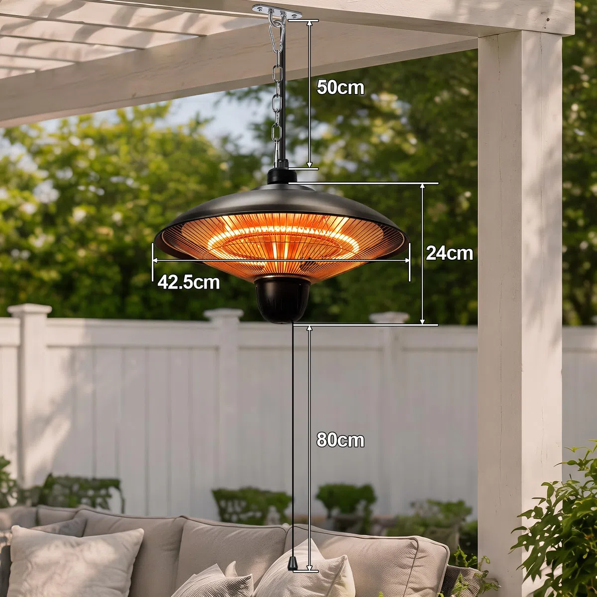 Stufa da esterni da 1800 W, sospesa, nero, 1 pezzo | Stufa elettrica sospesa con 3 livelli di calore, ideale per terrazze, balconi e ambienti esterni coperti
