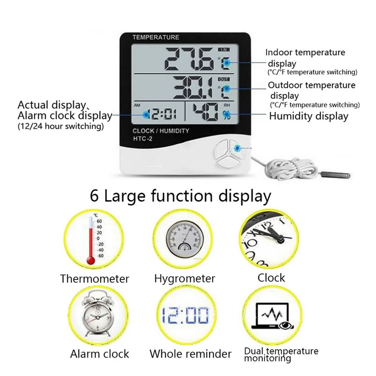 Termoigrometro LCD a Cristallo Digitale Termoigrometro Interno ed Esterno Termometro elettronico Igrometro Stazione meteorologica Orologio