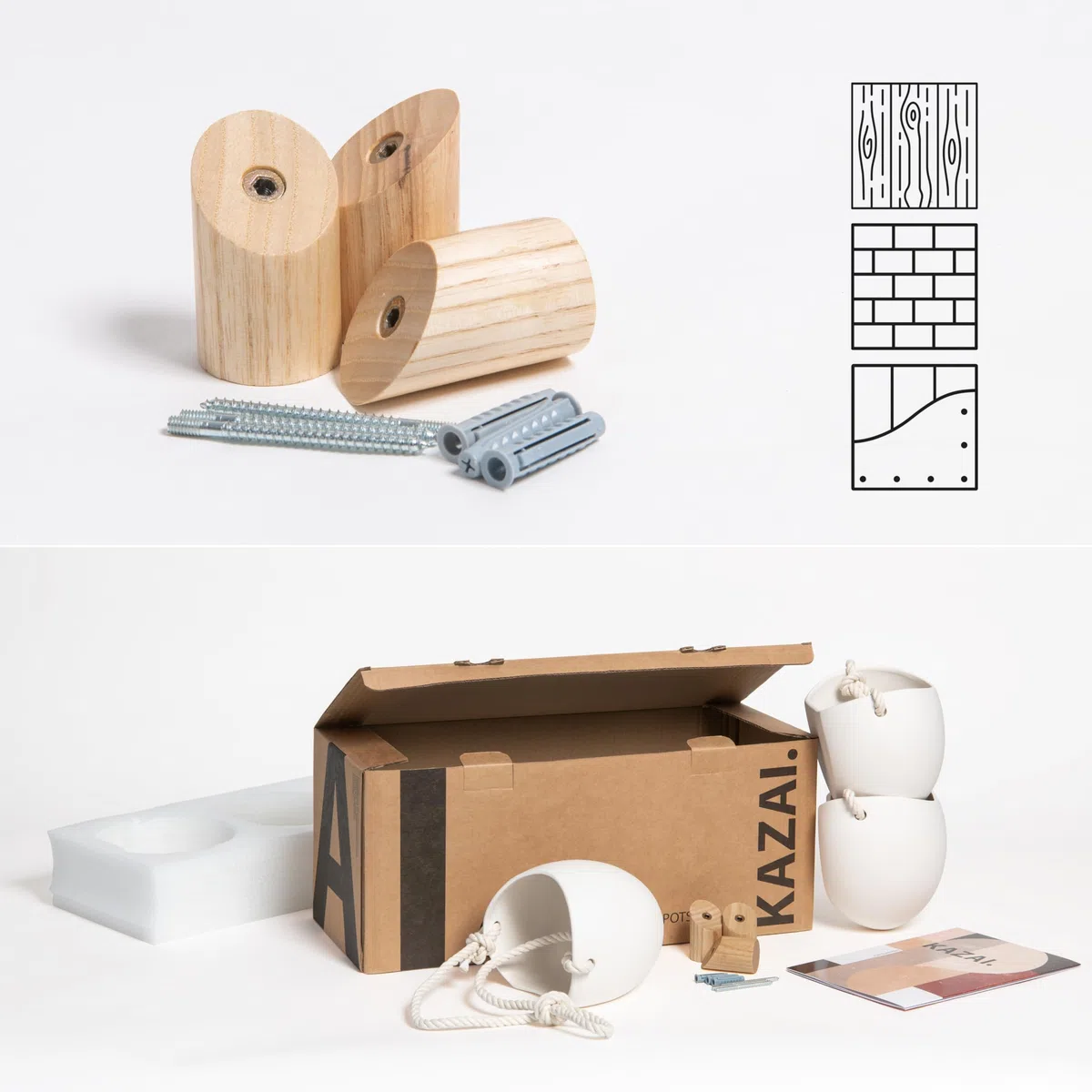 Kazai. | Vasi da Parete in Porcellana | Set 3 Pezzi | Compresi Ganci di Legno | Bianco opaco
