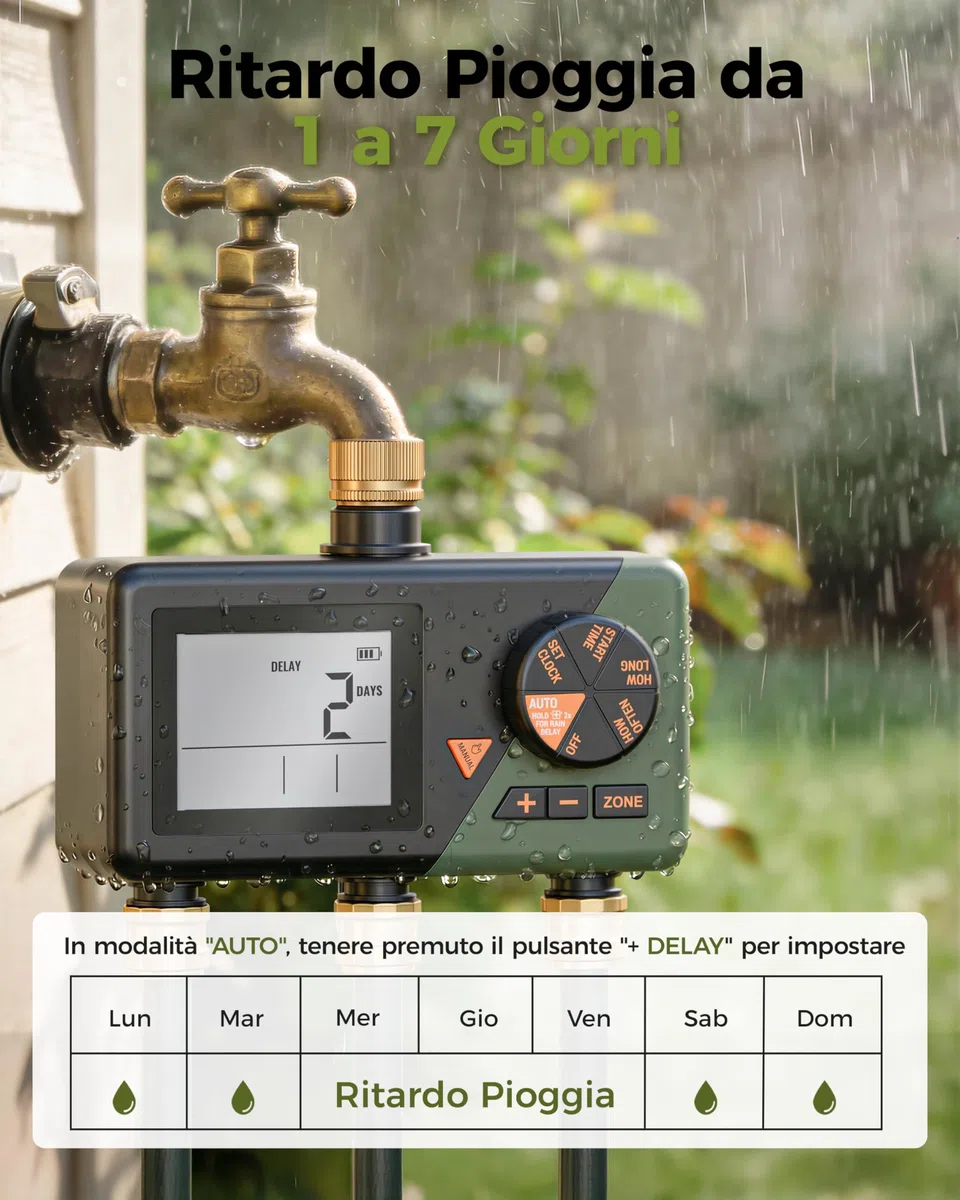 Diivoo Ottone Timer Irrigazione 3 Vie per Giardino, Cortile, Prato | Ampio Display LCD, Ritardo Pioggia, Irrigazione Manuale