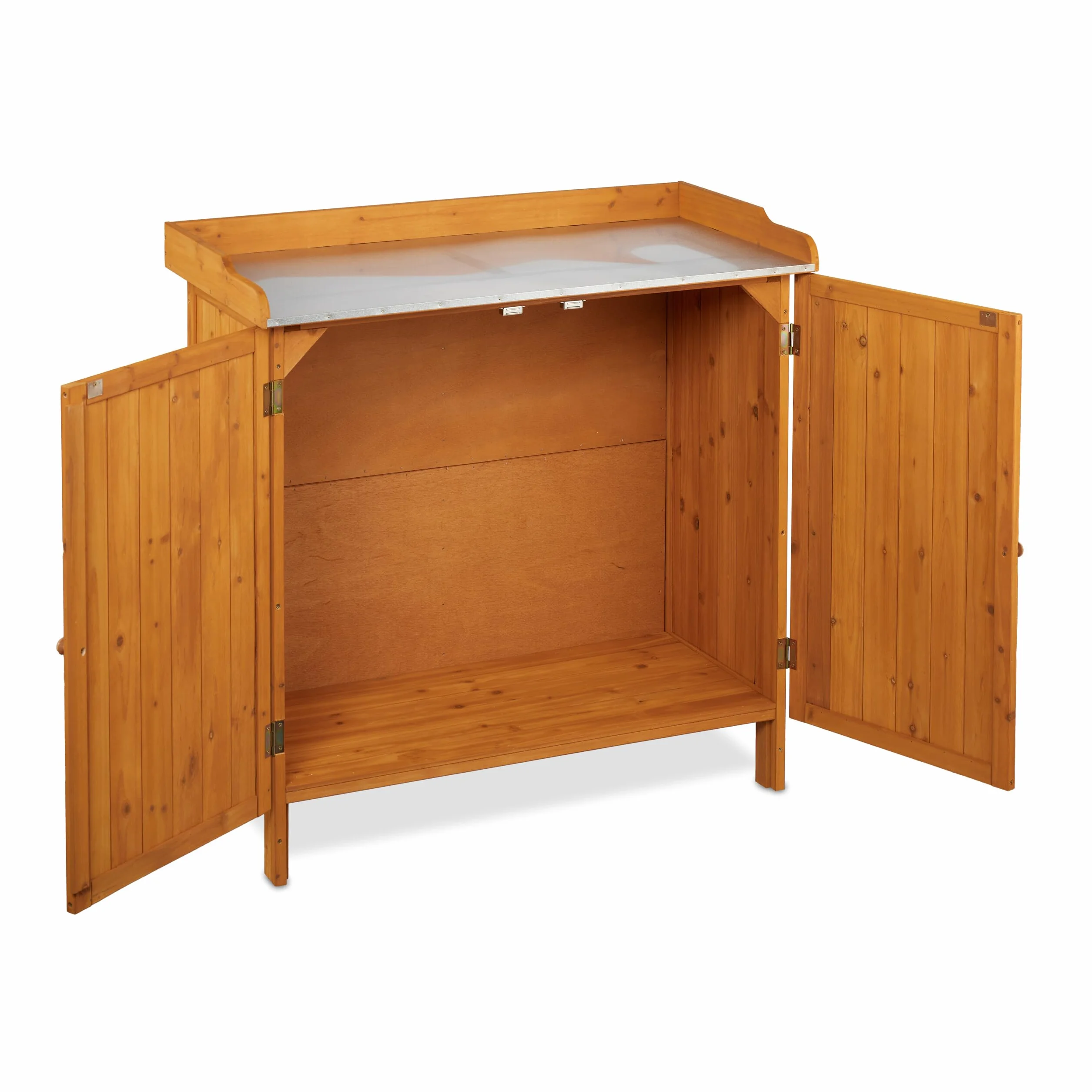Relaxdays Tavolo da Lavoro per Giardinaggio, Banco da Lavoro Zincato da Giardino, Armadietto Legno, 94x94x47 cm, Arancio