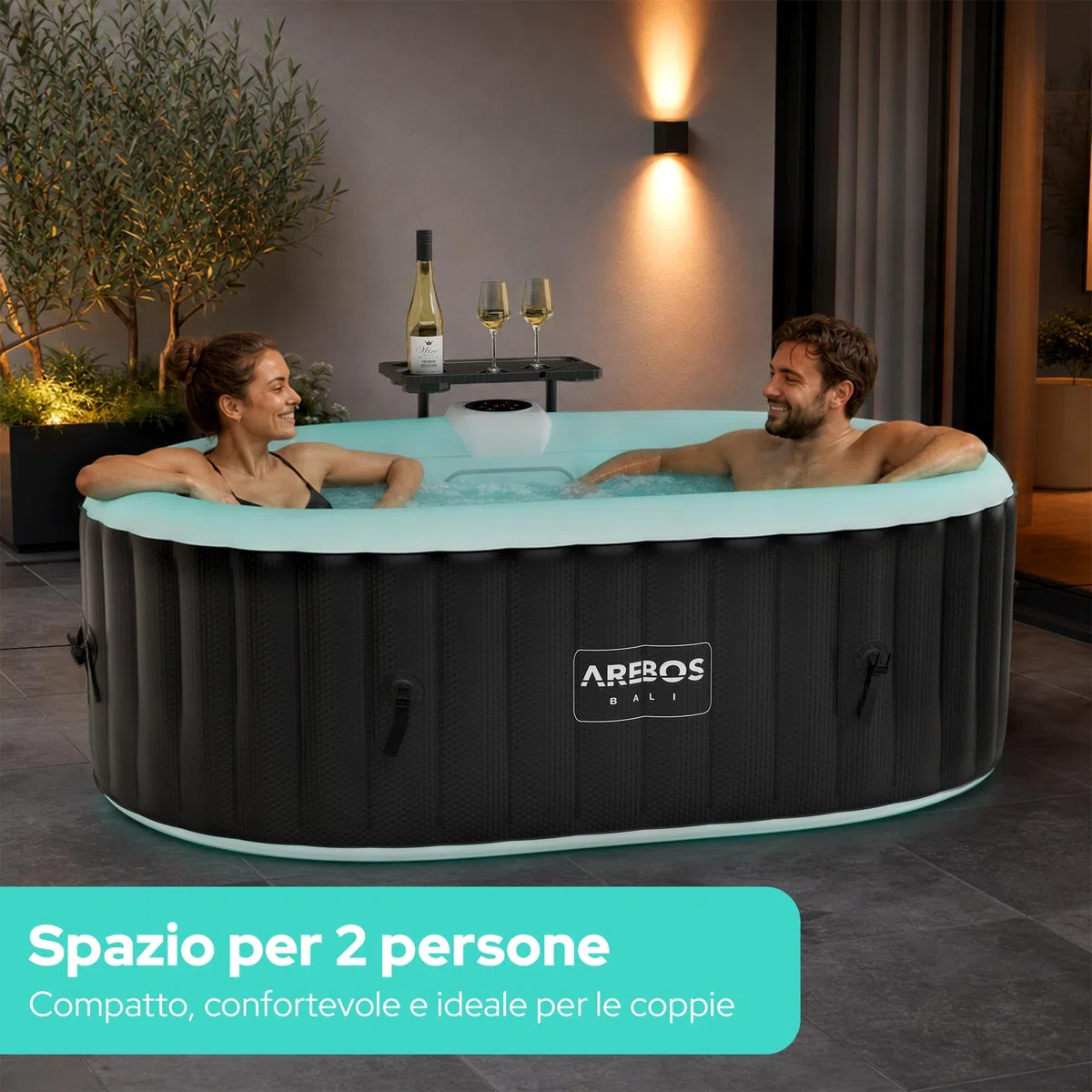 Arebos Vasca idromassaggio con illuminazione a LED | Gonfiabile | Indoor & Outdoor | 190x120 cm ovale | 2 persone | 90 getti di massaggio | con riscaldamento | 550 litri | Incl. copertura | Bubble Spa