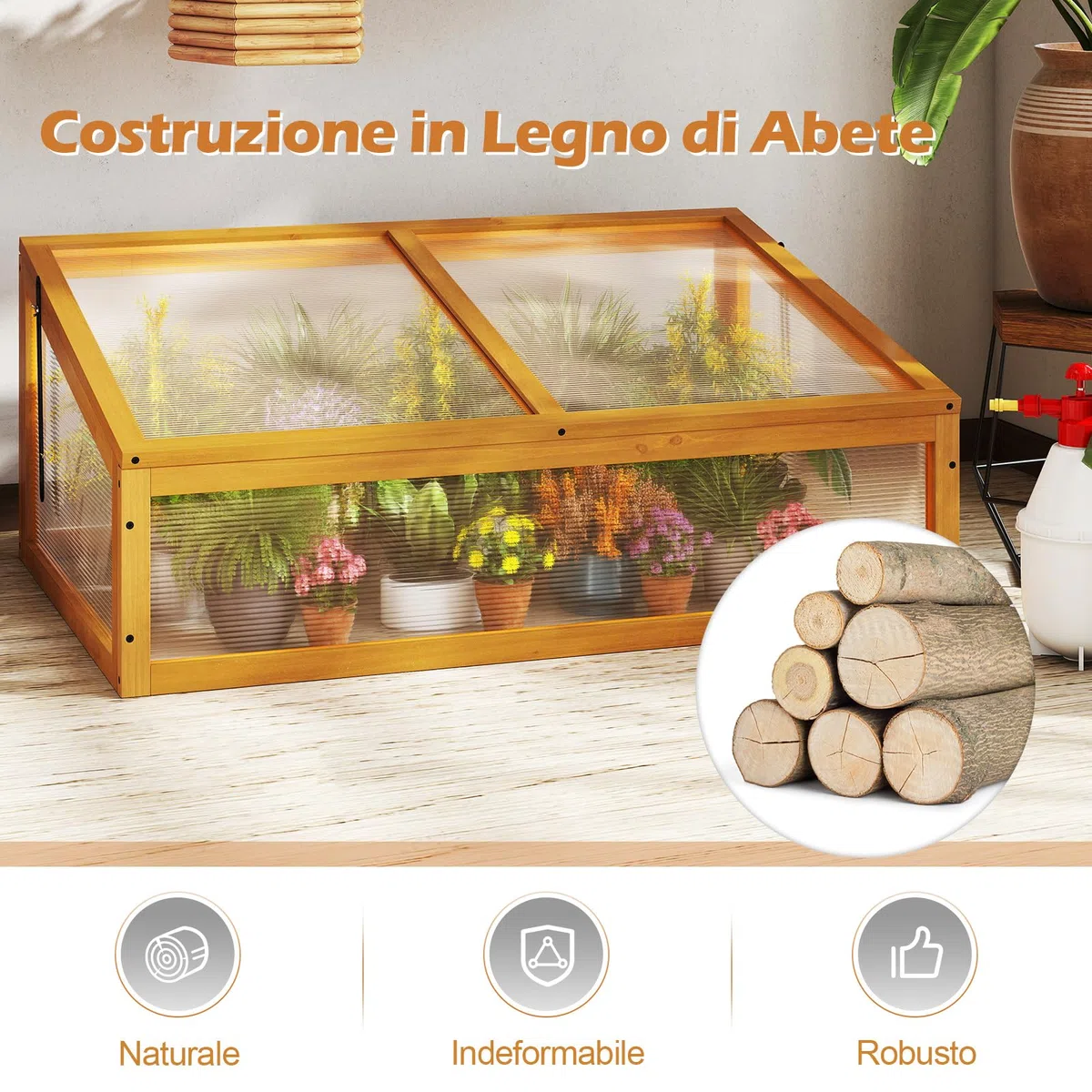 COSTWAY Serra in Legno, Mini Serra con Tetto Trasparente Apribile, Letto Rialzato da Interno ed Esterno per Balcone, Giardino e Veranda (Arancione)