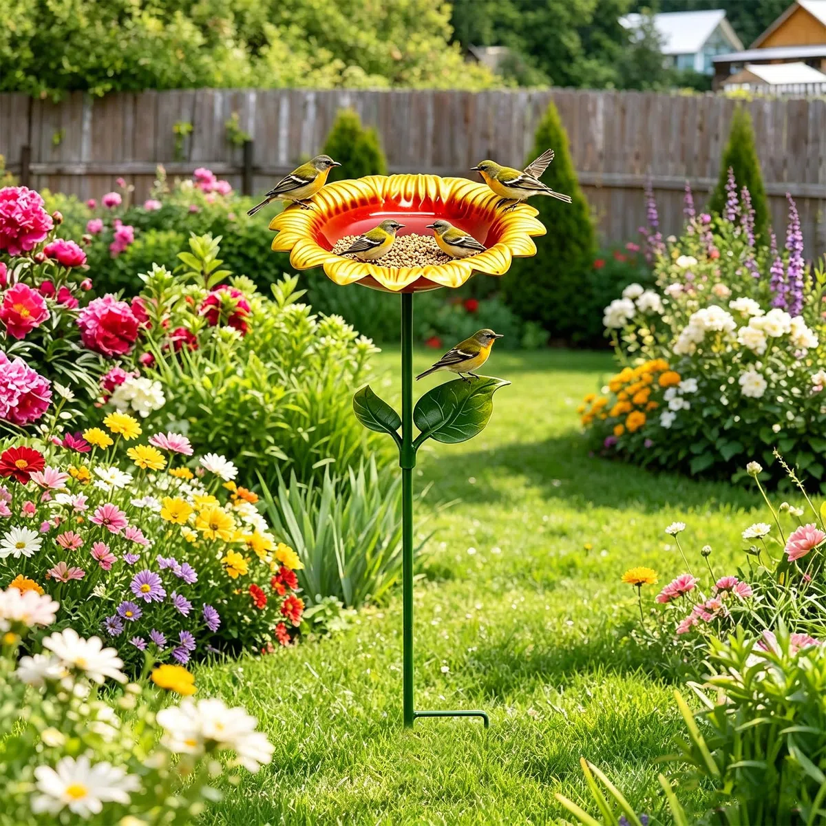 BORDEAG 2 abbeveratoio per uccelli da giardino, in piedi, in ferro, per uccelli, per esterni, design a girasole, per cortile, 20 x 20 x 64 cm