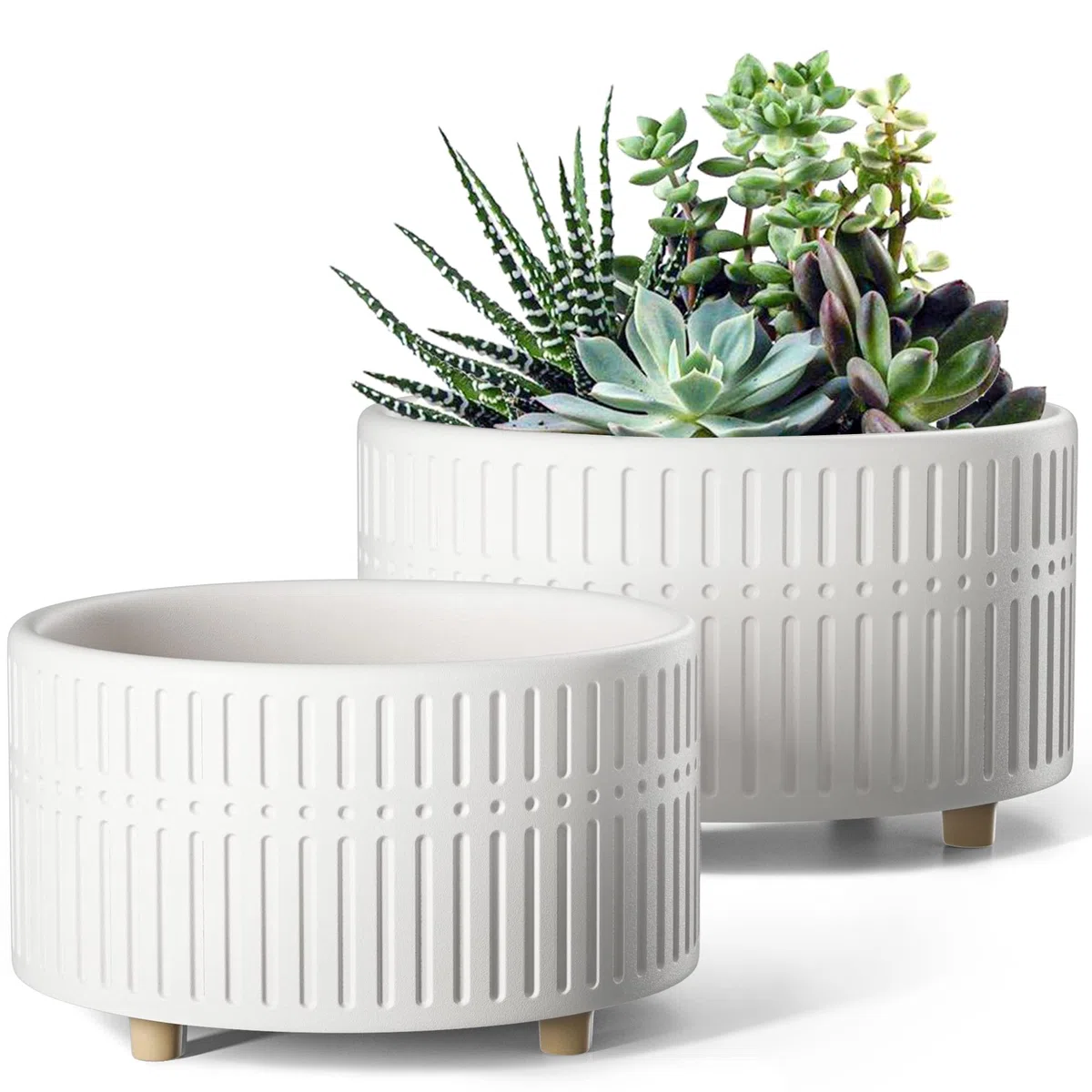 LE TAUCI Vasi per Piante Grasse, 16.5+20 cm Vasi per Piante da interno in Ceramica con Foro di Drenaggio, Fioriere da Balcone Bassi Rotondi per Piante Grasse, Set di 2, Bianco