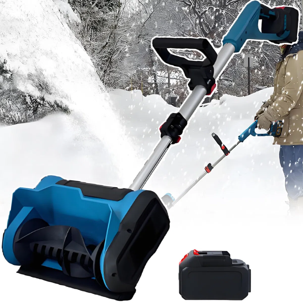 Pala da neve elettrica per alleviare il dolore alla schiena, spazzaneve regolabile senza fili, potenza senza spazzole da 600 W, direzione del lancio della neve a 45°, leggera con 1 batteria