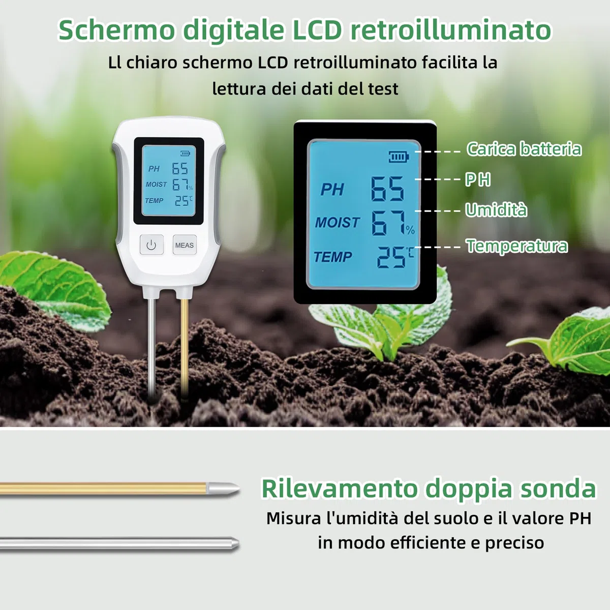 Mcbazel Misuratore PH del Suolo 3 in 1, Test del Suolo a Base Acida Rilevamento Temperatura umidità Tester di umidità con LCD retroilluminato Compatibile con Giardinaggio/Piante in Vaso/Fattoria