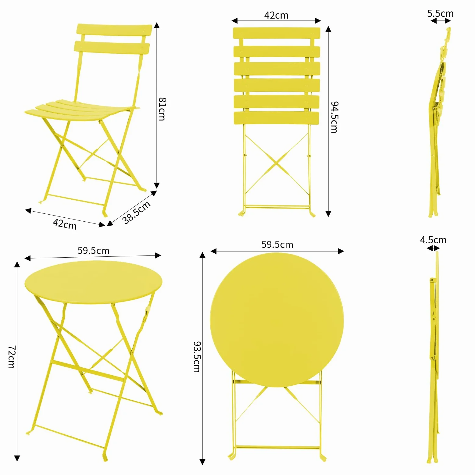 LIFERUN Set da Bistrot Pieghevole 3 Pezzi, Tavolo da Giardino Bistrot in Metallo, 1 Tavolo e 2 Sedie per Piccoli Balconi, Resistente alle Intemperie, per Balcone, Giardino e Terrazzo, Giallo