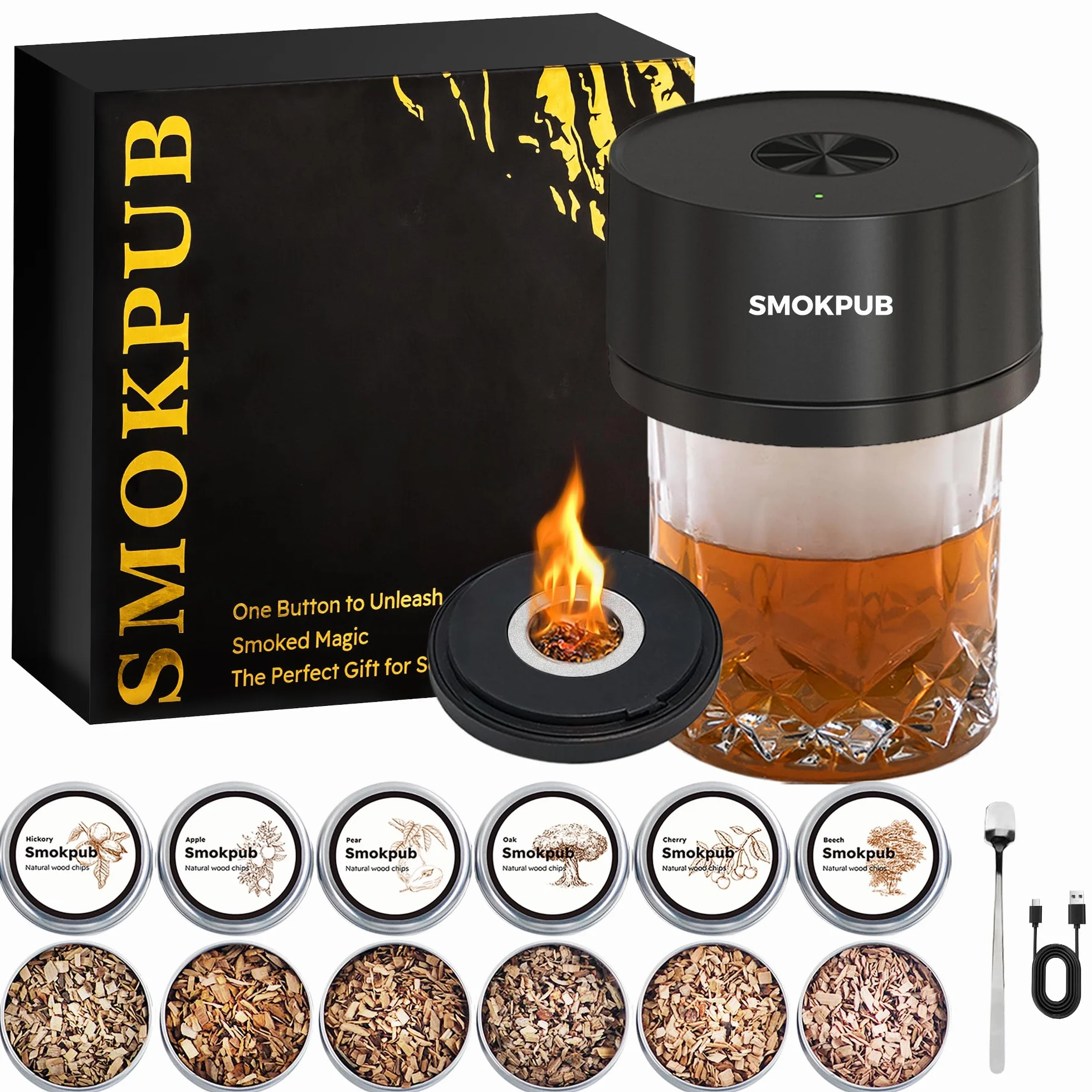 Kit fumatore di whisky elettrico con 6 chip di legno, kit affumicatore da cocktail ricaricabile, accendino integrato, non necessita di butano, compleanno, Natale, anniversario, regalo di whisky