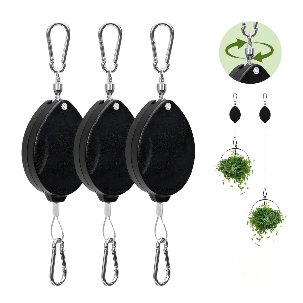 Bamworld 3 Pezzi Appendi Piante Retrattile Aggiornato, Sistema a Carrucola Auto-Bloccante per Appendere Vasi, Mangiatoie per Uccelli e Cestini da Giardino, Fino a 15kg