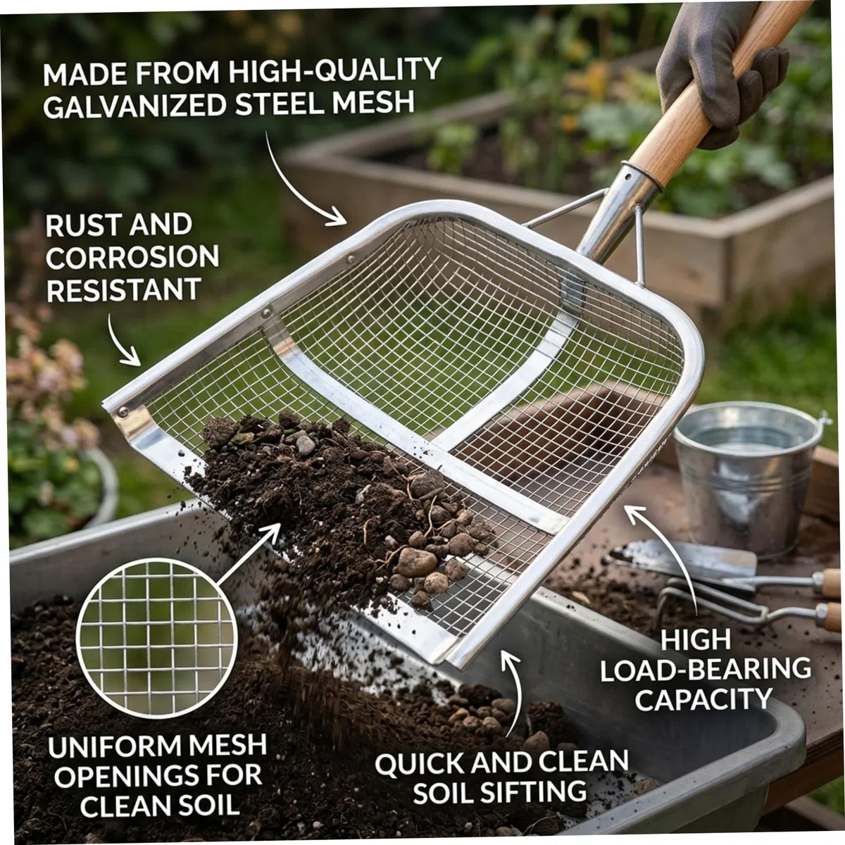 Pala setacciatrice con Maglia da 8 mm, Robusta e Rinforzata, con Telaio saldato, Ideale per setacciare Il Terreno da Giardino e filtrare i Cereali. Dimensioni: 47 x 36 cm (18, 5 x 14, 2 pollic