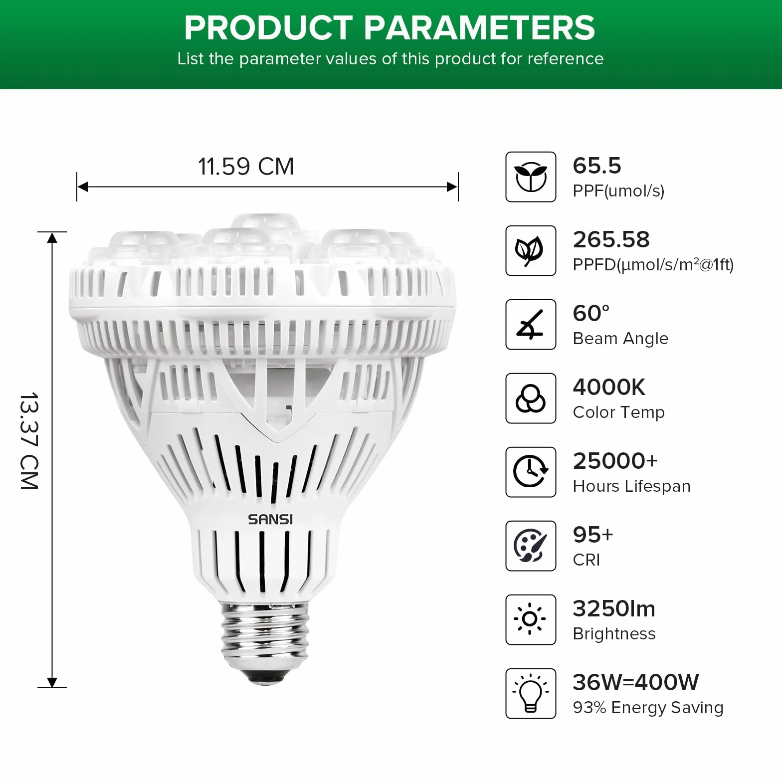 SANSI 36W LED Lampadina per Piante da interno, E27 luce di coltivazione a Spettro Completo, 4000K Luce Diurna grow light, lampade per Coltivazione Interno Adatto per ortaggi, fiori