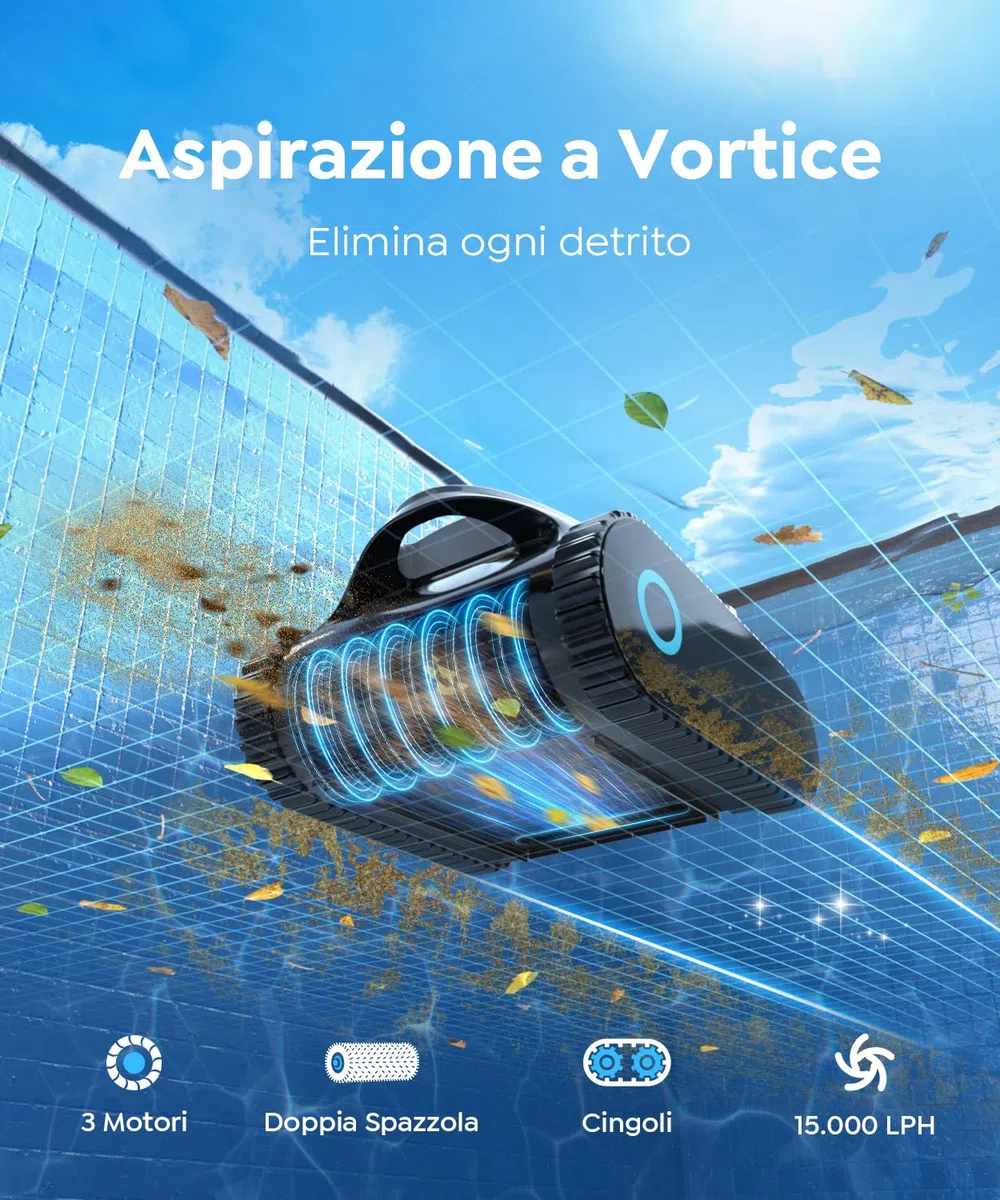 C1 Robot Piscina Pareti e Fondo, Linea d'acqua, Doppio Filtro, Aspiratore Piscina Senza Fili, 7 Modalità di Pulizia, 180 min, Pulitore con App, Robot Pulisci Piscine fino a 150 m², Grigio