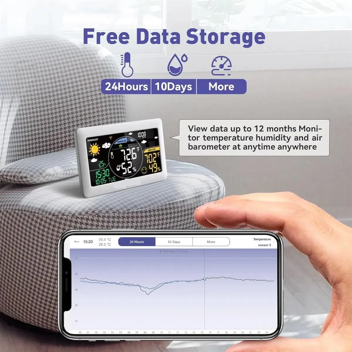 Stazione Meteo, Stazione meteorologica Termometro wireless for interni ed esterni Sveglia da parete App for pressione Monitoraggio previsioni in tempo reale online per la famiglia(Black 1 Sesor)