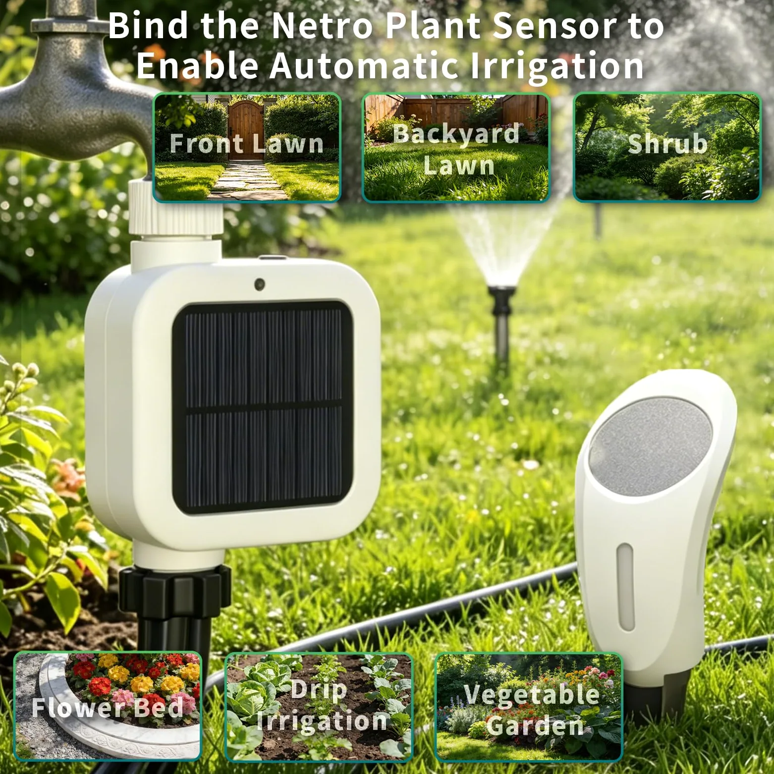 Netro Pixie - Timer intelligente per tubo per irrigazione, collegato a WiFi, alimentato a energia solare, con sensore meteo
