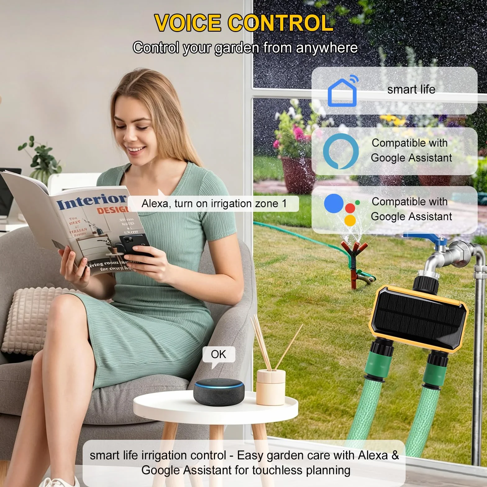 Solare Centralina Irrigazione WiFi 2 Vie, Solare Smart WiFi Water Timer, Telecomando WiFi per controllo automatico dell'irrigazione solare