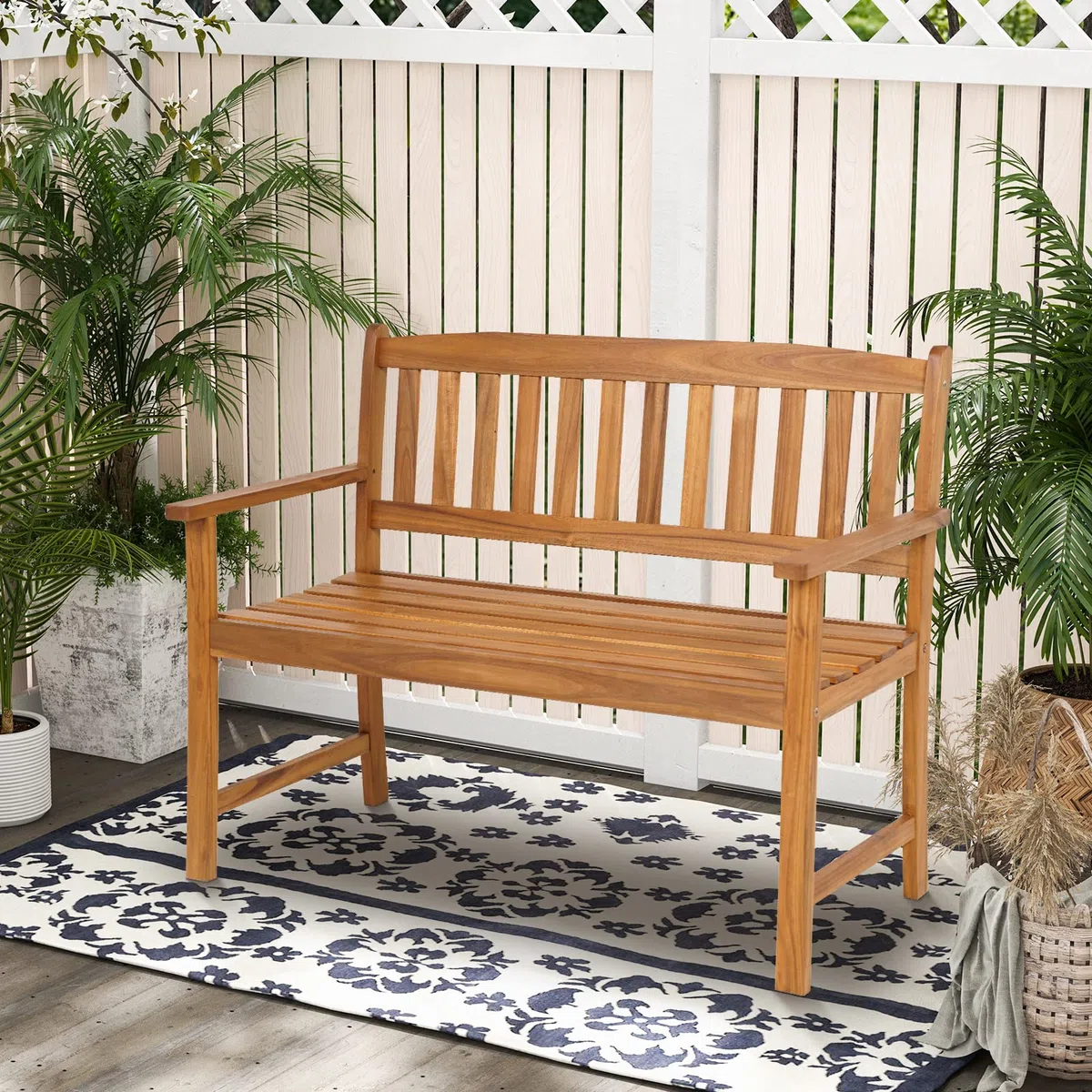 COSTWAY Panchina da Esterno in Legno di Acacia, Panchina con Schienale, Braccioli e Sedile a Doghe, Panchina da Giardino, Balcone e Cortile, Portata 360 kg (110 x 56,5 x 86 cm)