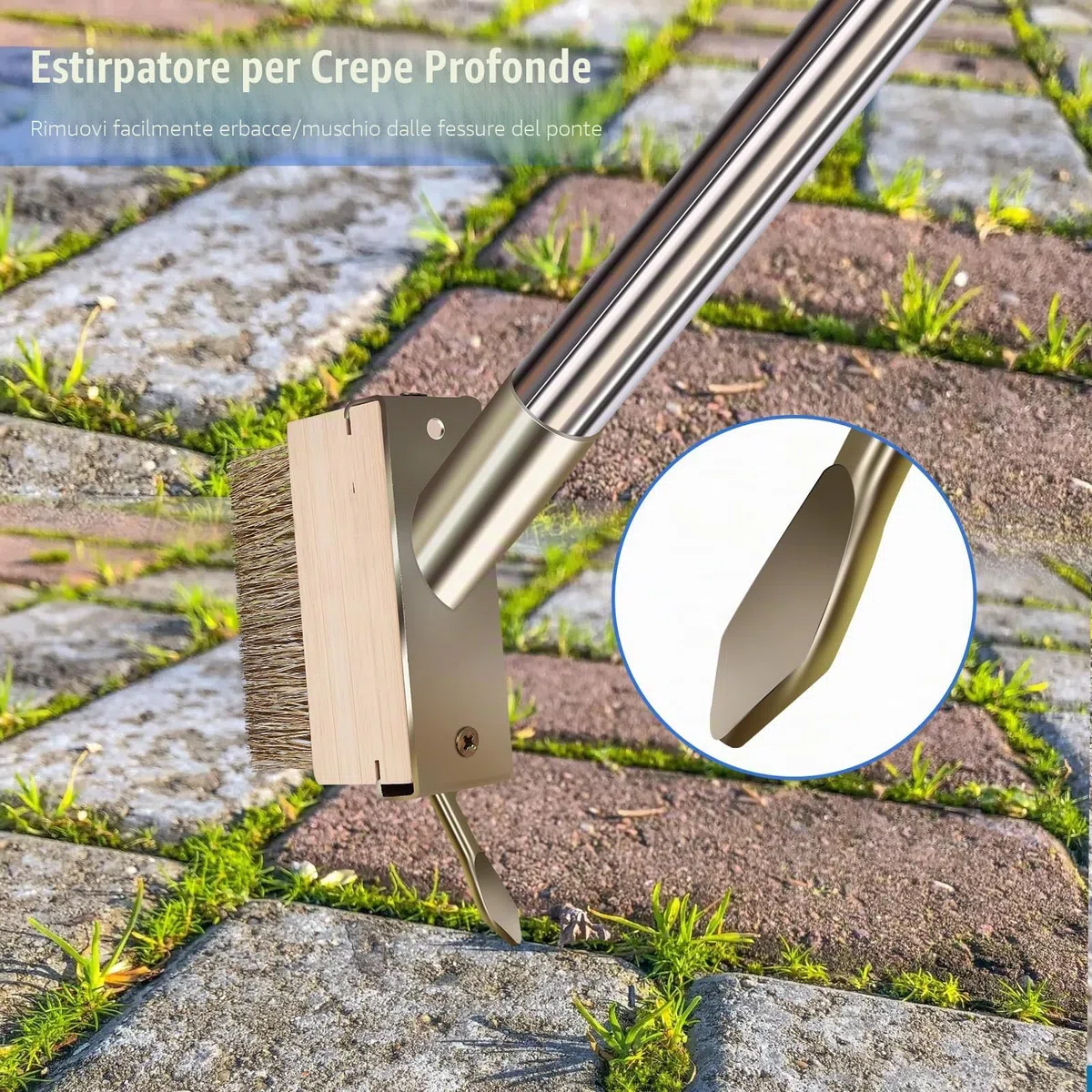Spazzola per Rimuovere Erbacce Le fughe del Muschio, con Manico Staccabile da 165cm, per pavimentazioni, terrazze, vialetti, Fessure, 2 testine in Filo Metallico con estrattore per Erbacce