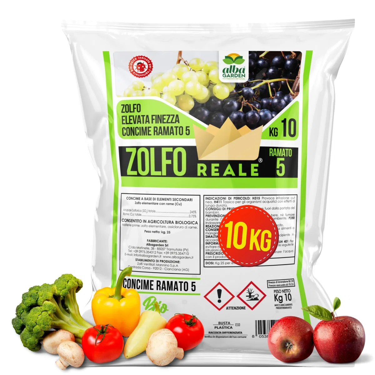 Albagarden - Zolfo Ramato in Polvere x 10 Kg, Concime a Base di Zolfo + Ossicloruro di Rame - Biologico, Contro Oidio Mal Bianco Peronospora Ticchiolatura