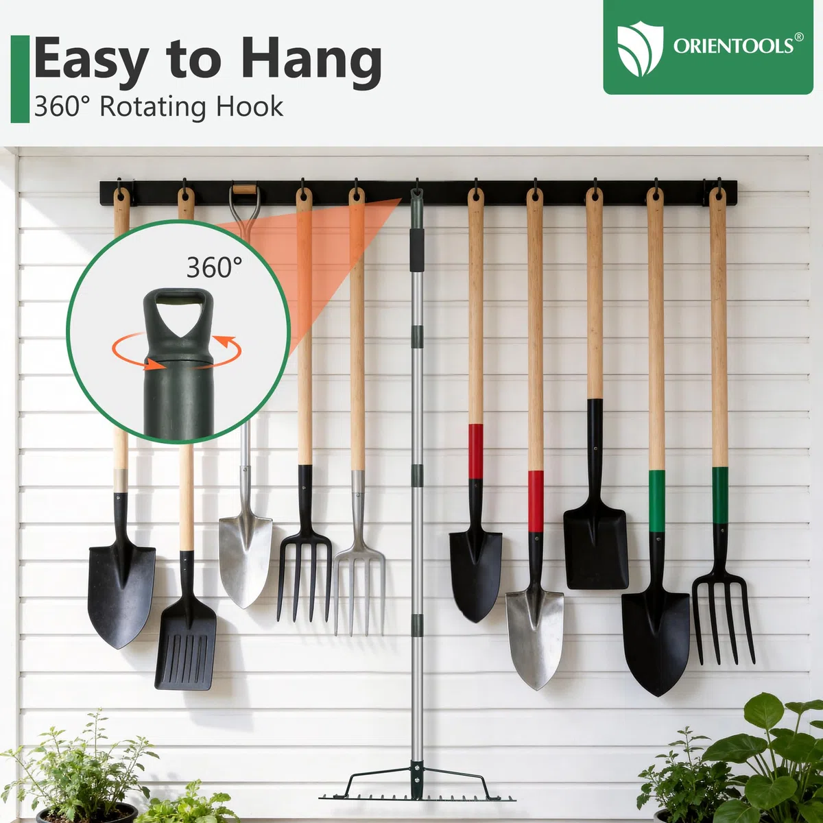 ORIENTOOLS Rastrello da giardino, resistente, 44 cm di larghezza x 160 cm di altezza, verde, 1,7 kg
