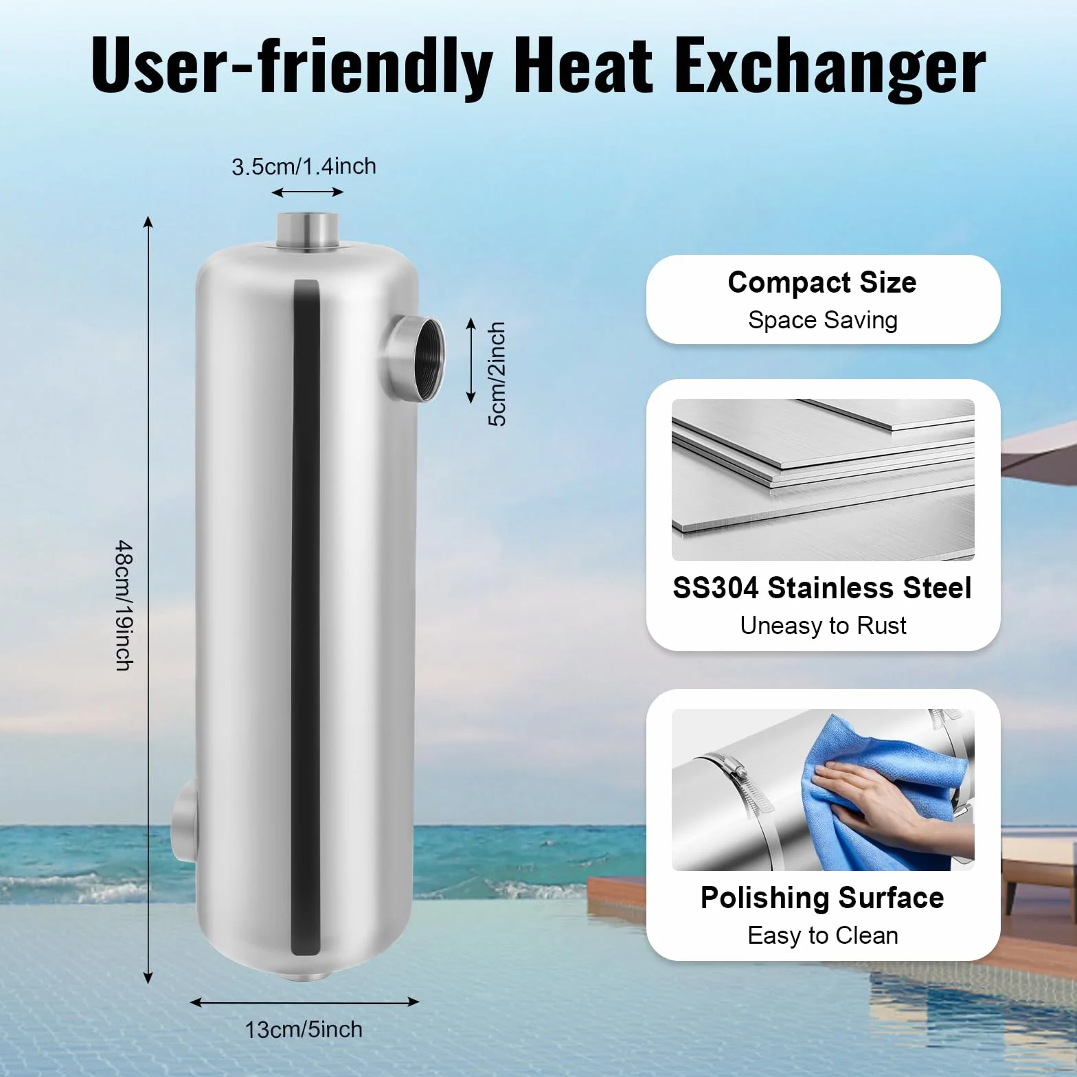 Scambiatore di calore per piscina, in acciaio inox, 60 kW, 250 l/min | Ideale per piscine e spa esterni; resiste all'acqua e alla corrosione per un uso prolungato senza problemi