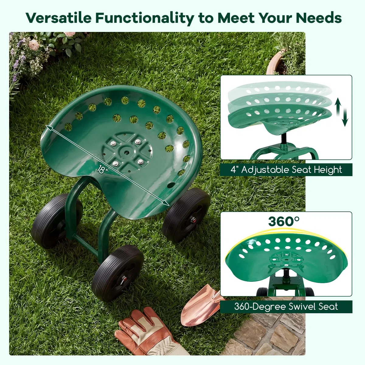SOARS Sgabello con Ruote da Giardino, Sgabello per Giardinaggio con Sedile Girevole a 360° e Regolabile in Altezza, per Giardino, Prato e Cortile 465 x 310 x 400-500 mm, Portata 150 kg (Verde)