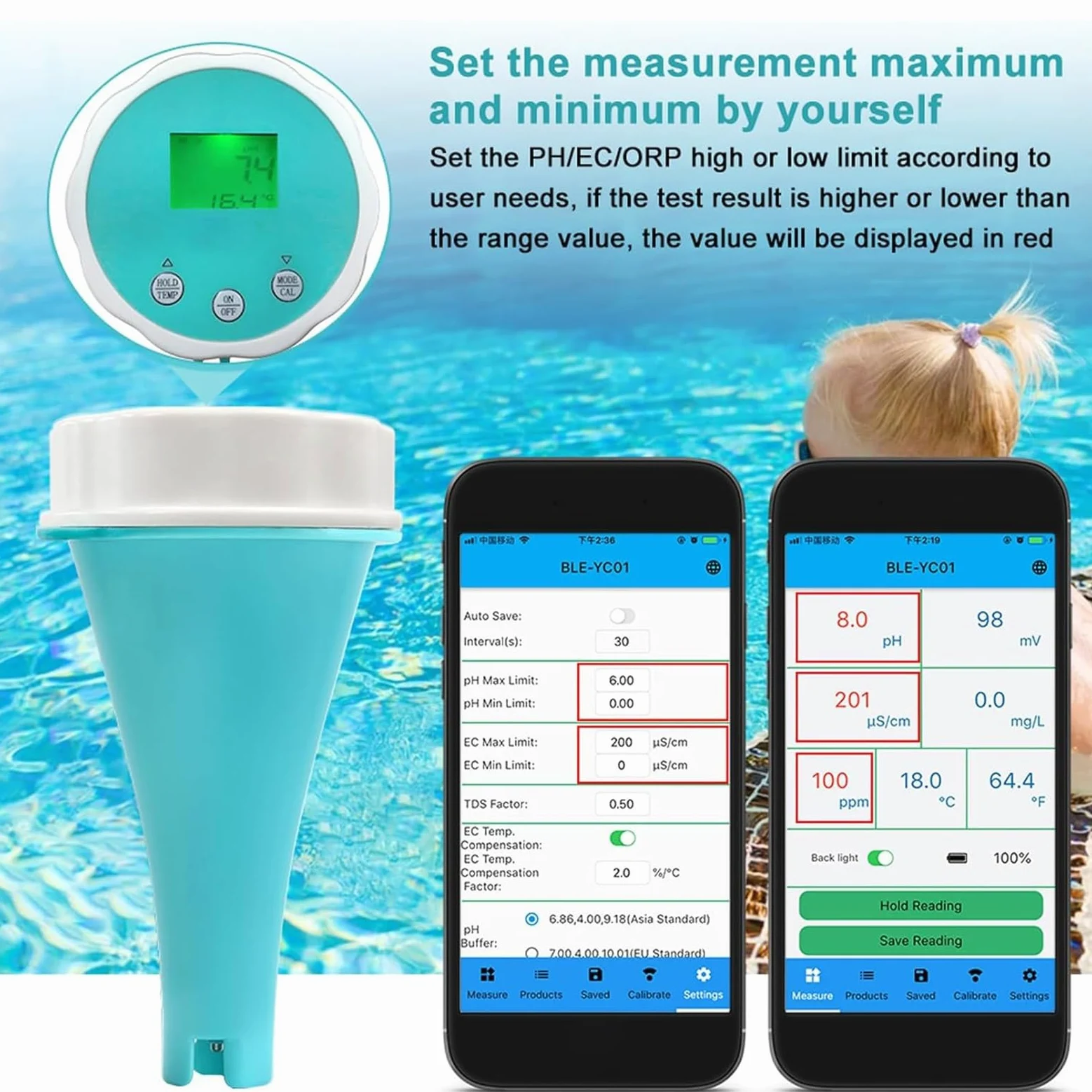 Misuratore di test dell'acqua – Tester Bluetooth per il monitoraggio del pH e del cloro in piscine, vasche idromassaggio e spa