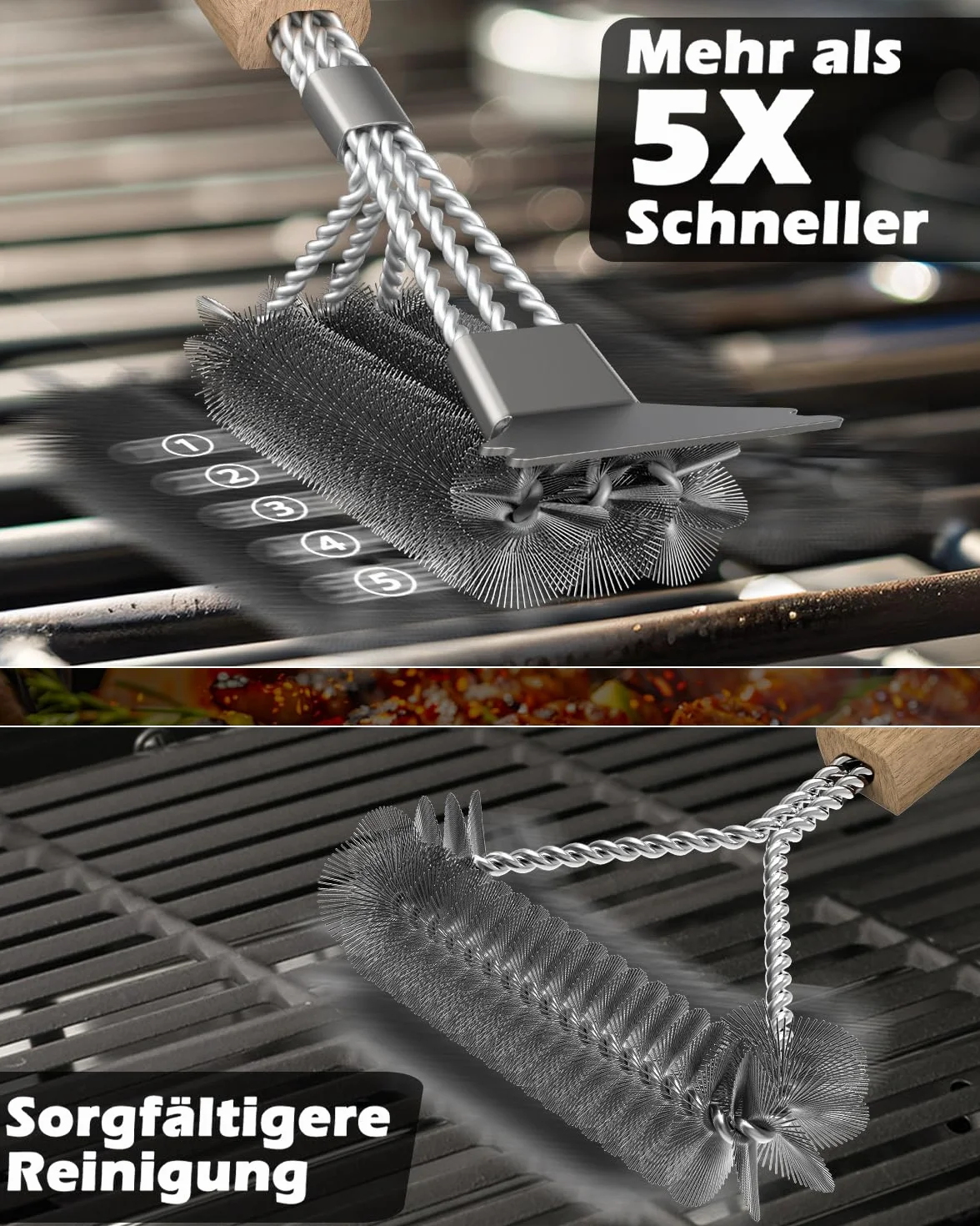 HAZENS - Spazzola per la pulizia del barbecue (2 pezzi), con manico in legno, spazzola per barbecue da 39 cm, con raschietto in acciaio inox, setole fitte in acciaio inox, triangolare, spazzola