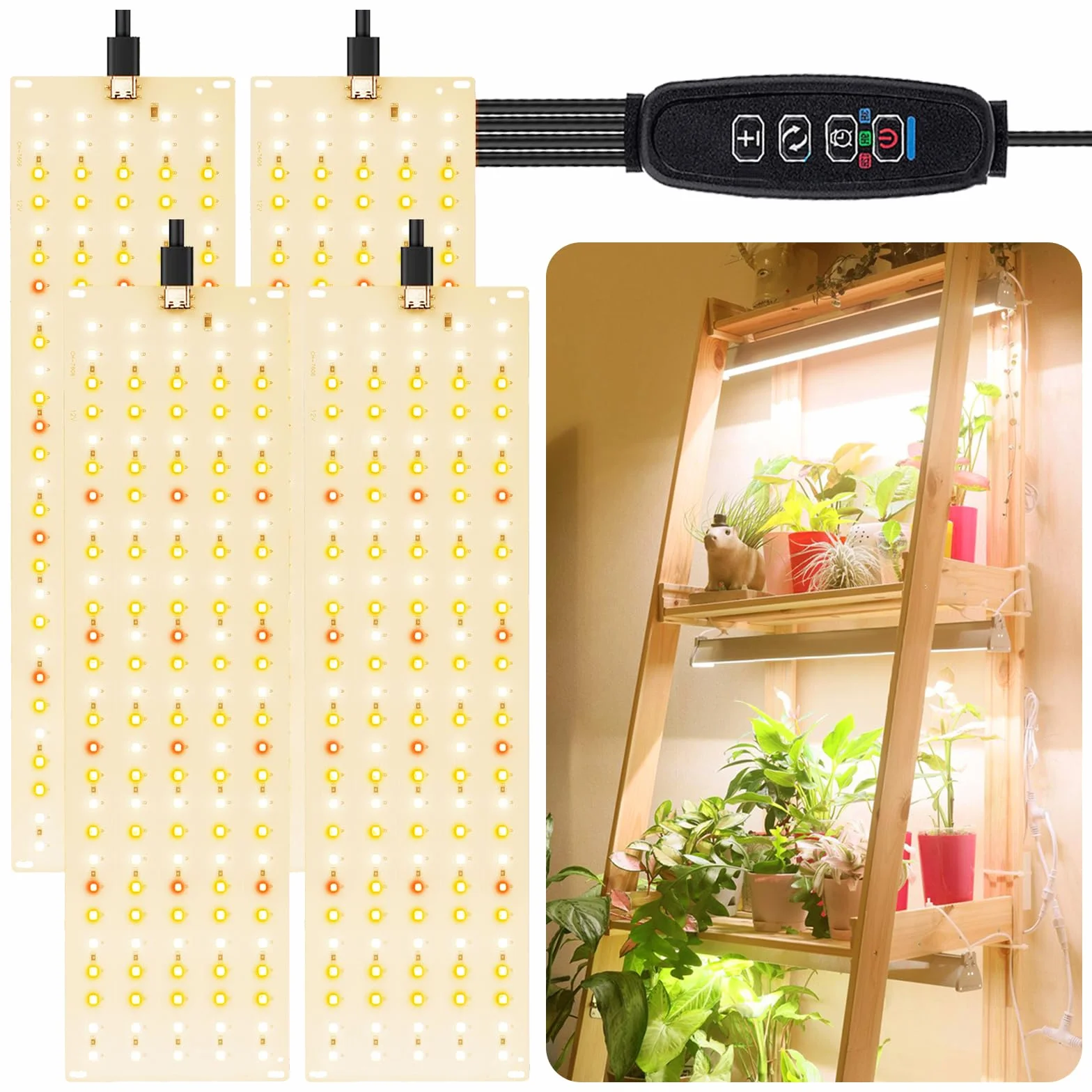 FIVAVA Lampada per Piante 4 Pezzi,LED Luce per Piante Full Spectrum,Grow Light con Timer Auto 3/9/12H,10 Einstellbare Helligkeitsstufen,3 Lichtmodi
