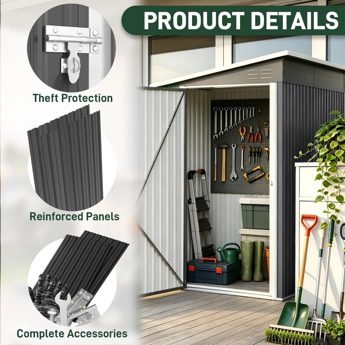 UISEBRT Capanno in metallo, 4 m³, 192 x 132 x 185 cm, resistente alle intemperie, con tetto inclinato e aperture di ventilazione, casetta da giardino chiudibile per attrezzi da giardino, attrezzi e