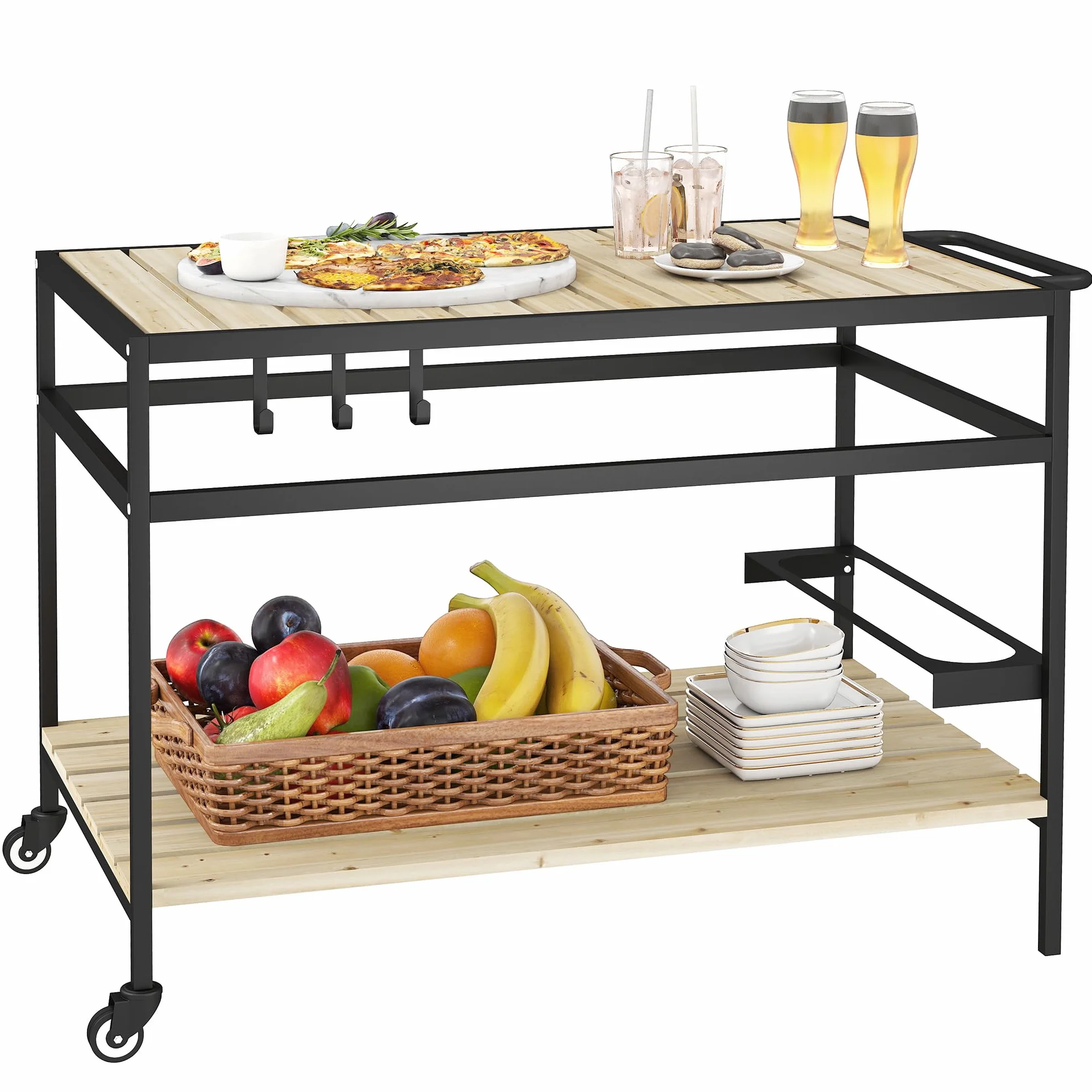Outsunny Carrello Portavivande da Giardino in Legno di Abete con Ruote, Carrello di Servizio con 2 Ripiani a Doghe, 3 Ganci e Maniglia, 107x65x80 cm Color Legno