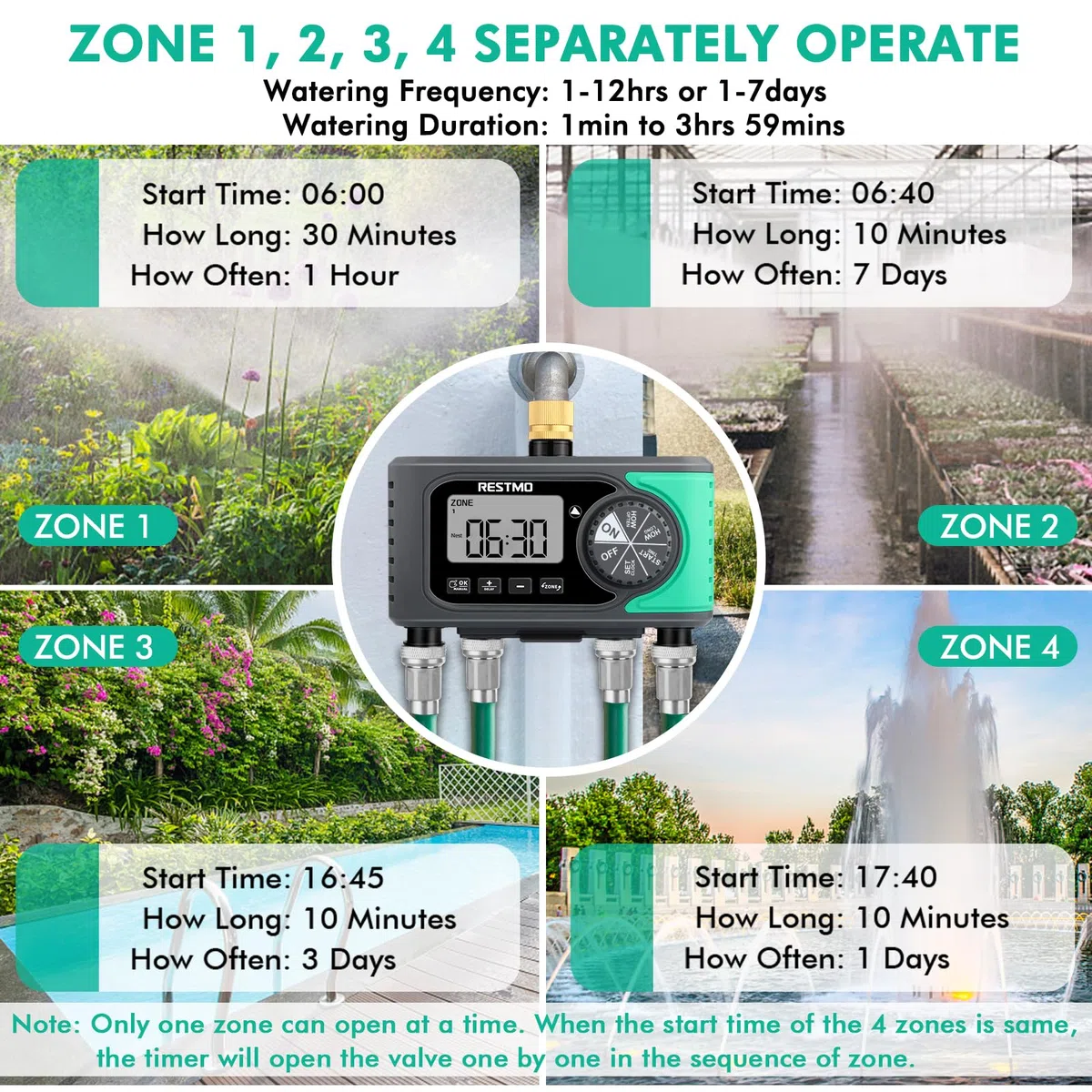 RESTMO Timer irrigatore a 4 uscite con ingresso in ottone, timer dell'acqua programmabile a 4 zone per tubo da giardino, controllo digitale automatico, ON/OFF manuale, ritardo pioggia, per rubinetto