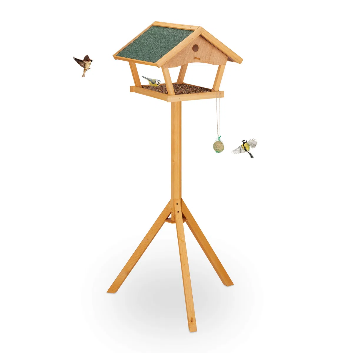 Relaxdays Mangiatoia per Uccelli con Supporto, Casetta con Tetto Resistente alle Intemperie, Casa Legno, Naturale/Verde